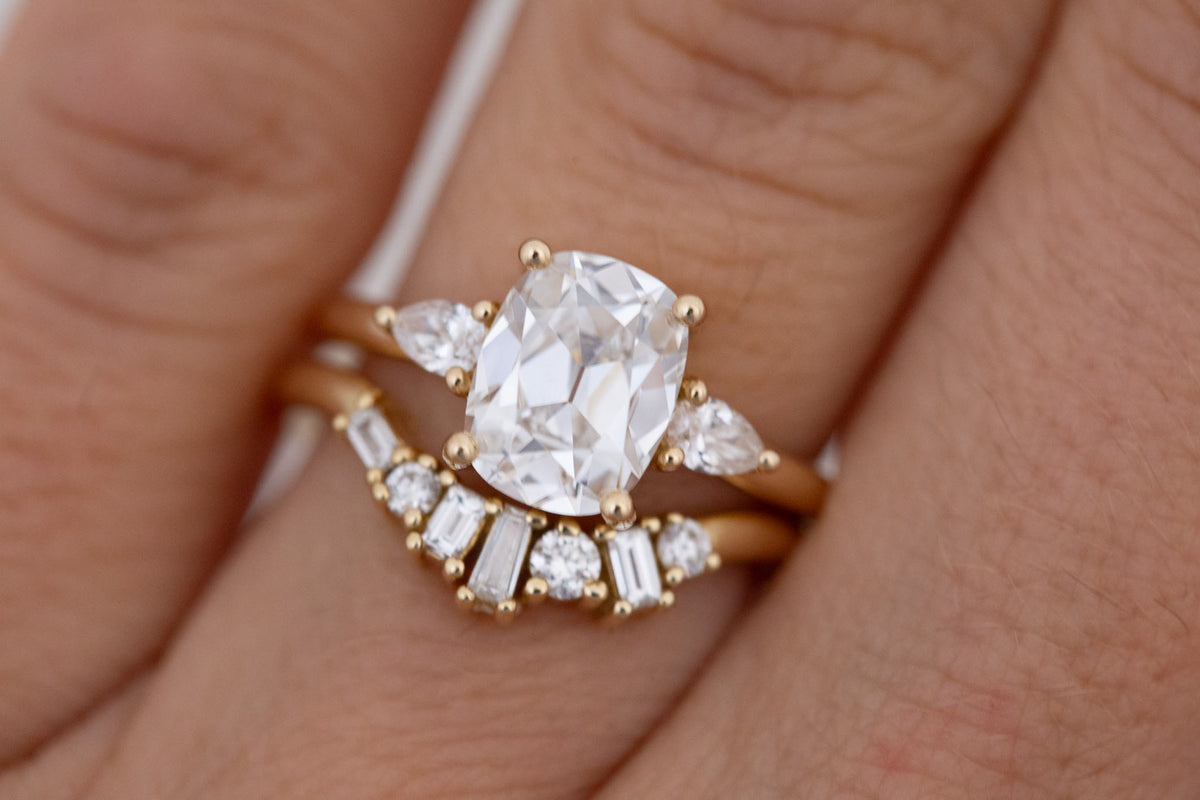 Iris Ring | Lab Antique Cut Cushion Diamond + Pear Diamond Accent Engagement Ring 2.20 ct | 14k Recycled Gold | One of a Kind