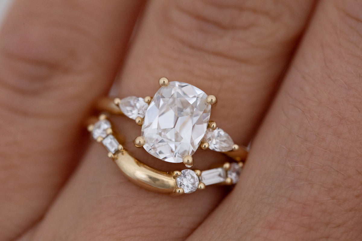 Iris Ring | Lab Antique Cut Cushion Diamond + Pear Diamond Accent Engagement Ring 2.20 ct | 14k Recycled Gold | One of a Kind