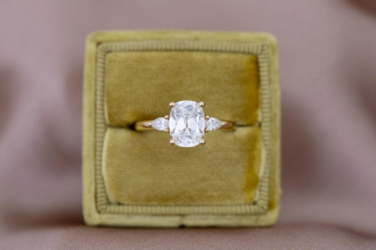 Iris Ring | Lab Antique Cut Cushion Diamond + Pear Diamond Accent Engagement Ring 2.20 ct | 14k Recycled Gold | One of a Kind