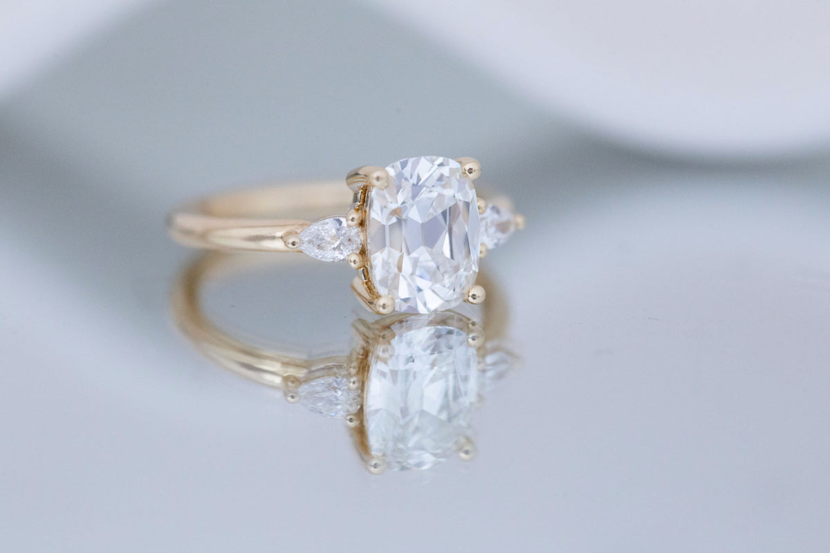 Iris Ring | Lab Antique Cut Cushion Diamond + Pear Diamond Accent Engagement Ring 2.20 ct | 14k Recycled Gold | One of a Kind