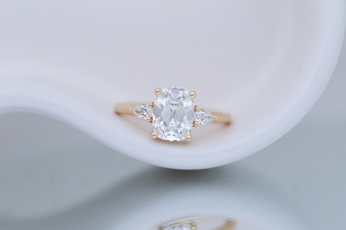 Iris Ring | Lab Antique Cut Cushion Diamond + Pear Diamond Accent Engagement Ring 2.20 ct | 14k Recycled Gold | One of a Kind