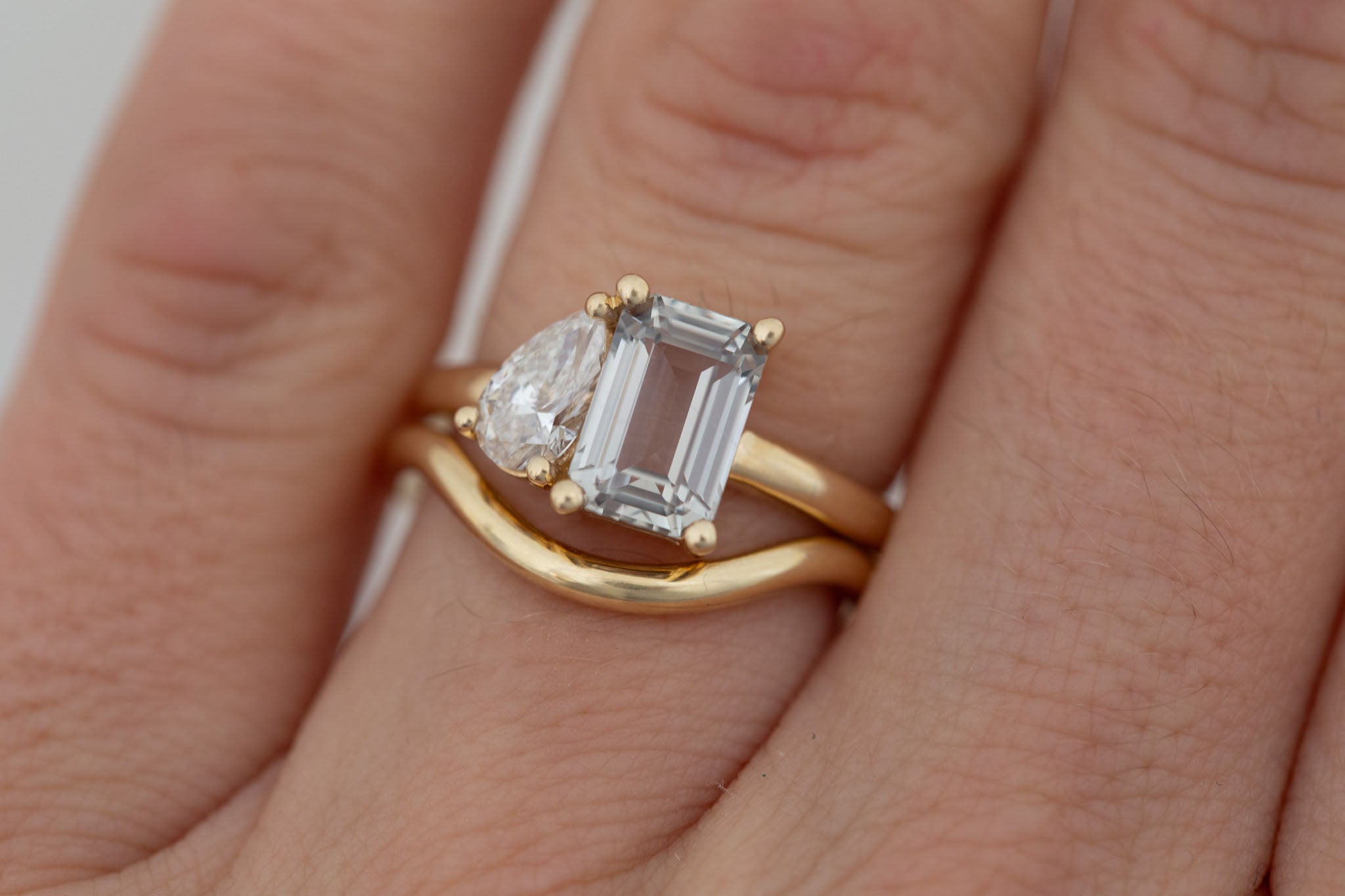 Liana Ring | Grey Green Emerald Cut Sapphire + Pear Cut Diamond Engagement Ring 2.44 ct | 14k Recycled Gold | One of a Kind
