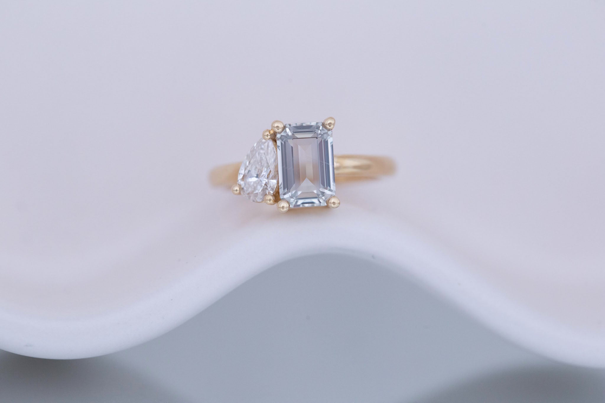 Liana Ring | Grey Green Emerald Cut Sapphire + Pear Cut Diamond Engagement Ring 2.44 ct | 14k Recycled Gold | One of a Kind