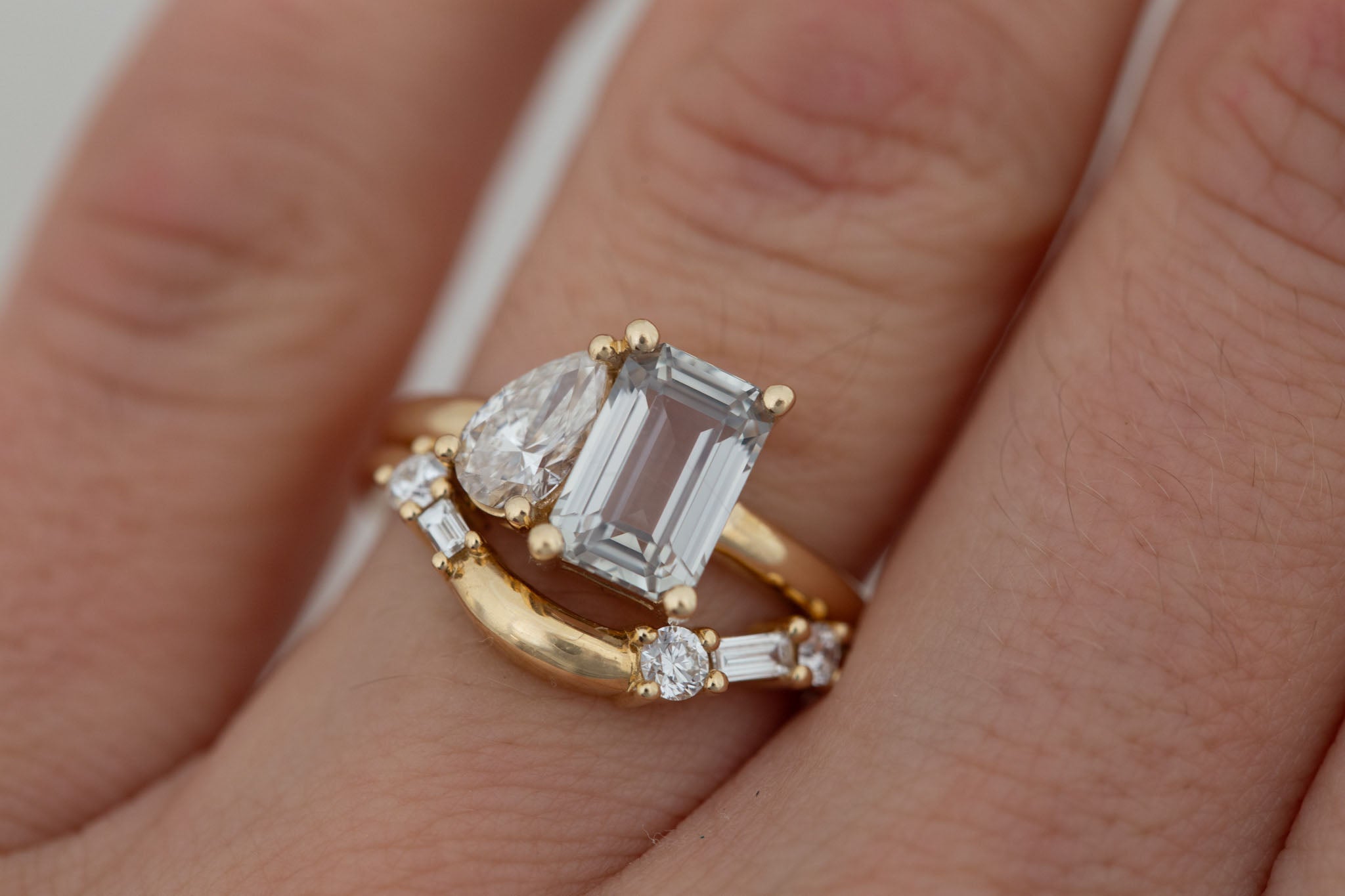 Liana Ring | Grey Green Emerald Cut Sapphire + Pear Cut Diamond Engagement Ring 2.44 ct | 14k Recycled Gold | One of a Kind
