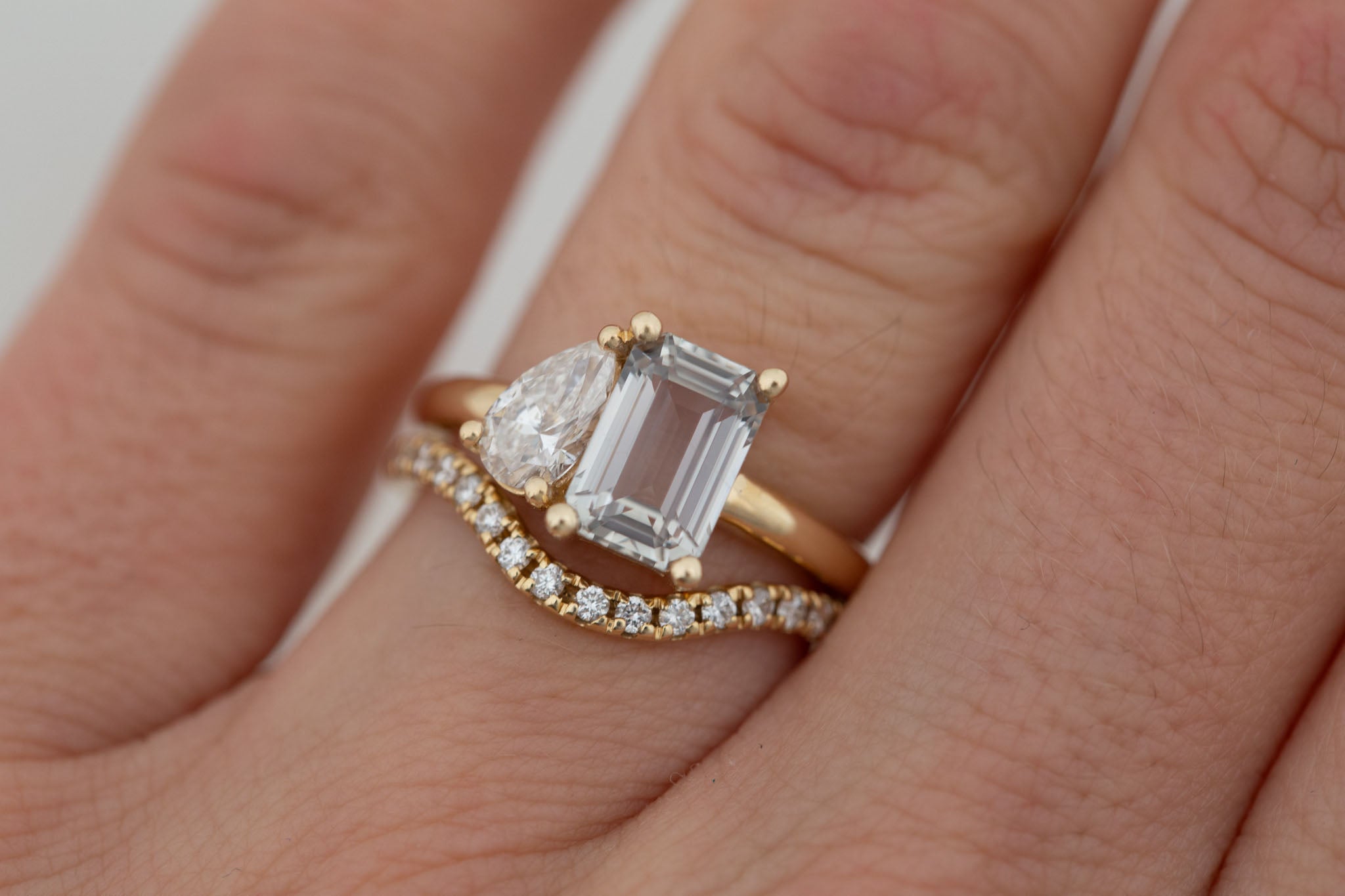 Liana Ring | Grey Green Emerald Cut Sapphire + Pear Cut Diamond Engagement Ring 2.44 ct | 14k Recycled Gold | One of a Kind