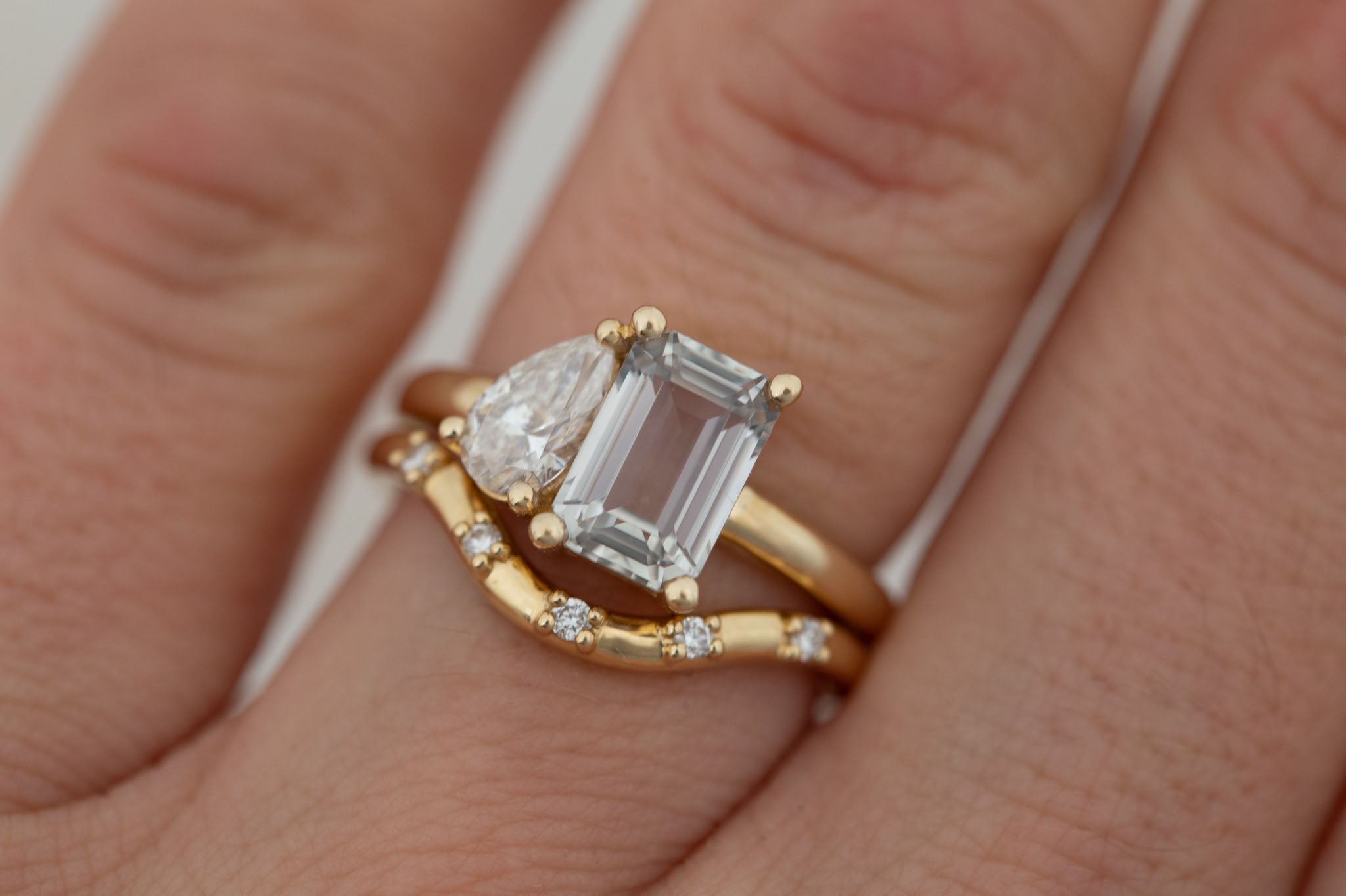 Liana Ring | Grey Green Emerald Cut Sapphire + Pear Cut Diamond Engagement Ring 2.44 ct | 14k Recycled Gold | One of a Kind