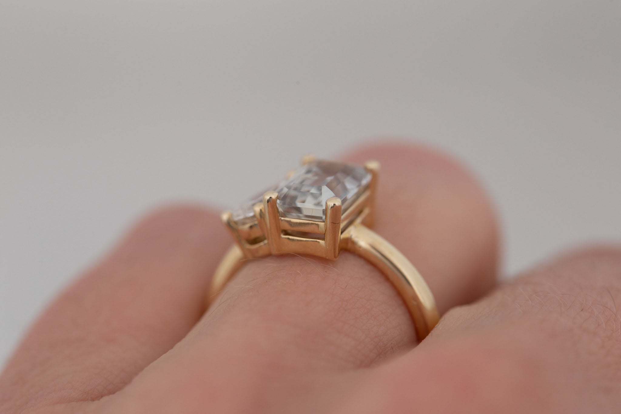 Liana Ring | Grey Green Emerald Cut Sapphire + Pear Cut Diamond Engagement Ring 2.44 ct | 14k Recycled Gold | One of a Kind