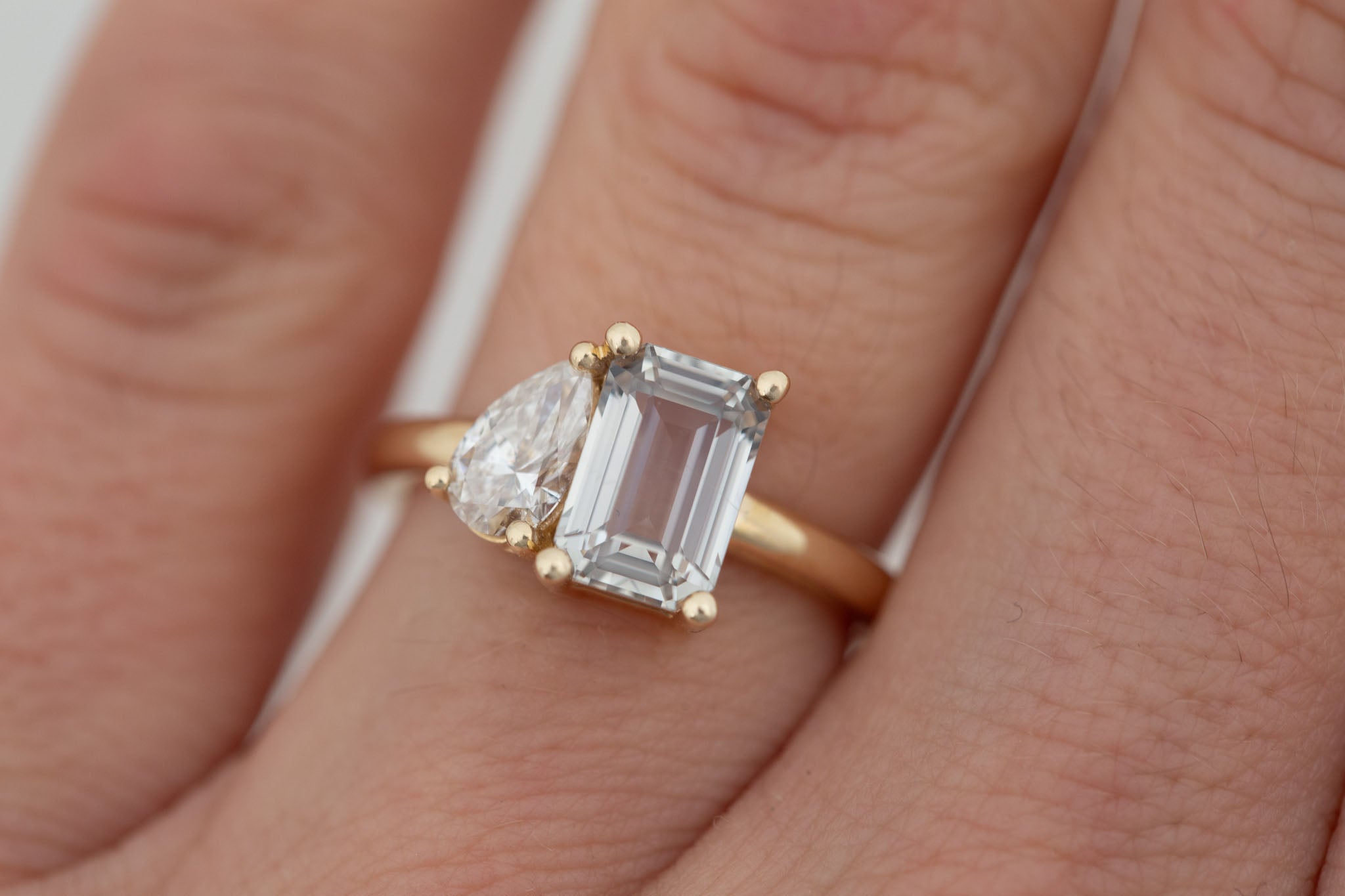 Liana Ring | Grey Green Emerald Cut Sapphire + Pear Cut Diamond Engagement Ring 2.44 ct | 14k Recycled Gold | One of a Kind