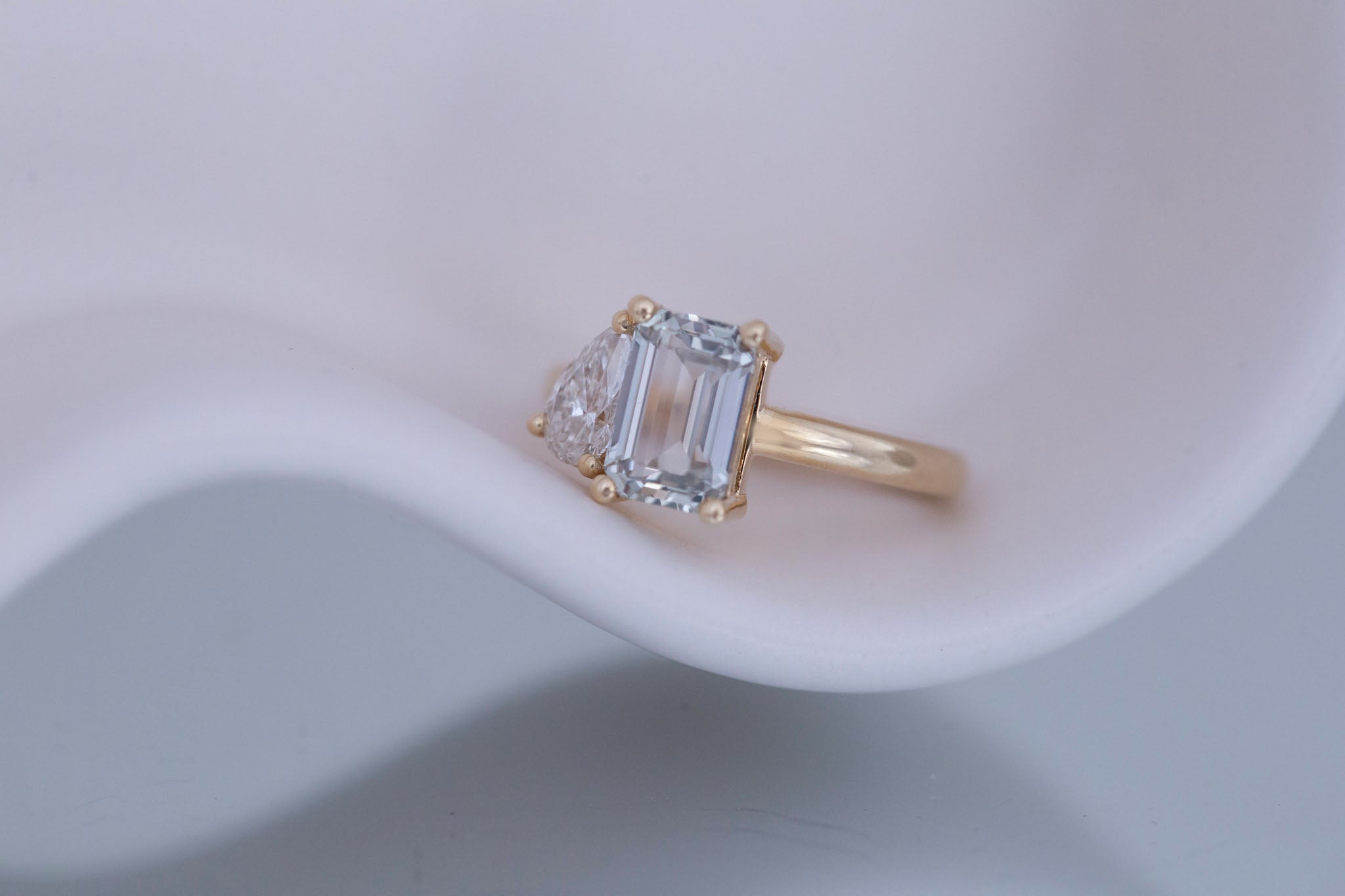 Liana Ring | Grey Green Emerald Cut Sapphire + Pear Cut Diamond Engagement Ring 2.44 ct | 14k Recycled Gold | One of a Kind