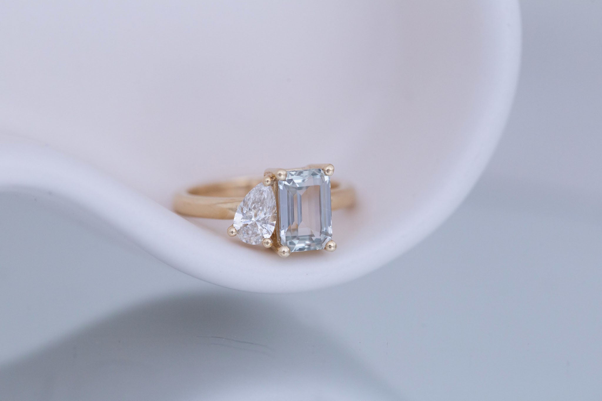 Liana Ring | Grey Green Emerald Cut Sapphire + Pear Cut Diamond Engagement Ring 2.44 ct | 14k Recycled Gold | One of a Kind