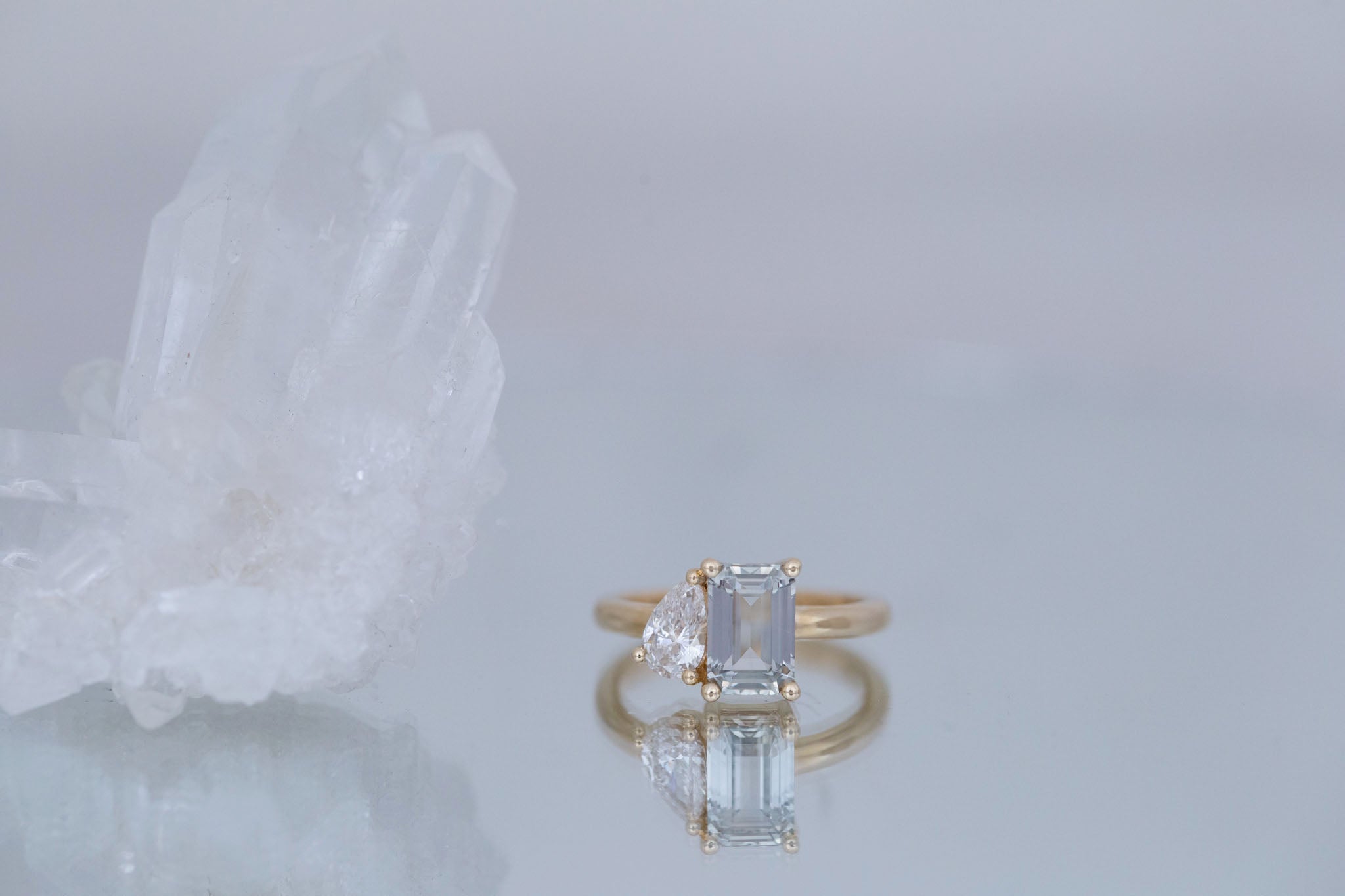 Liana Ring | Grey Green Emerald Cut Sapphire + Pear Cut Diamond Engagement Ring 2.44 ct | 14k Recycled Gold | One of a Kind
