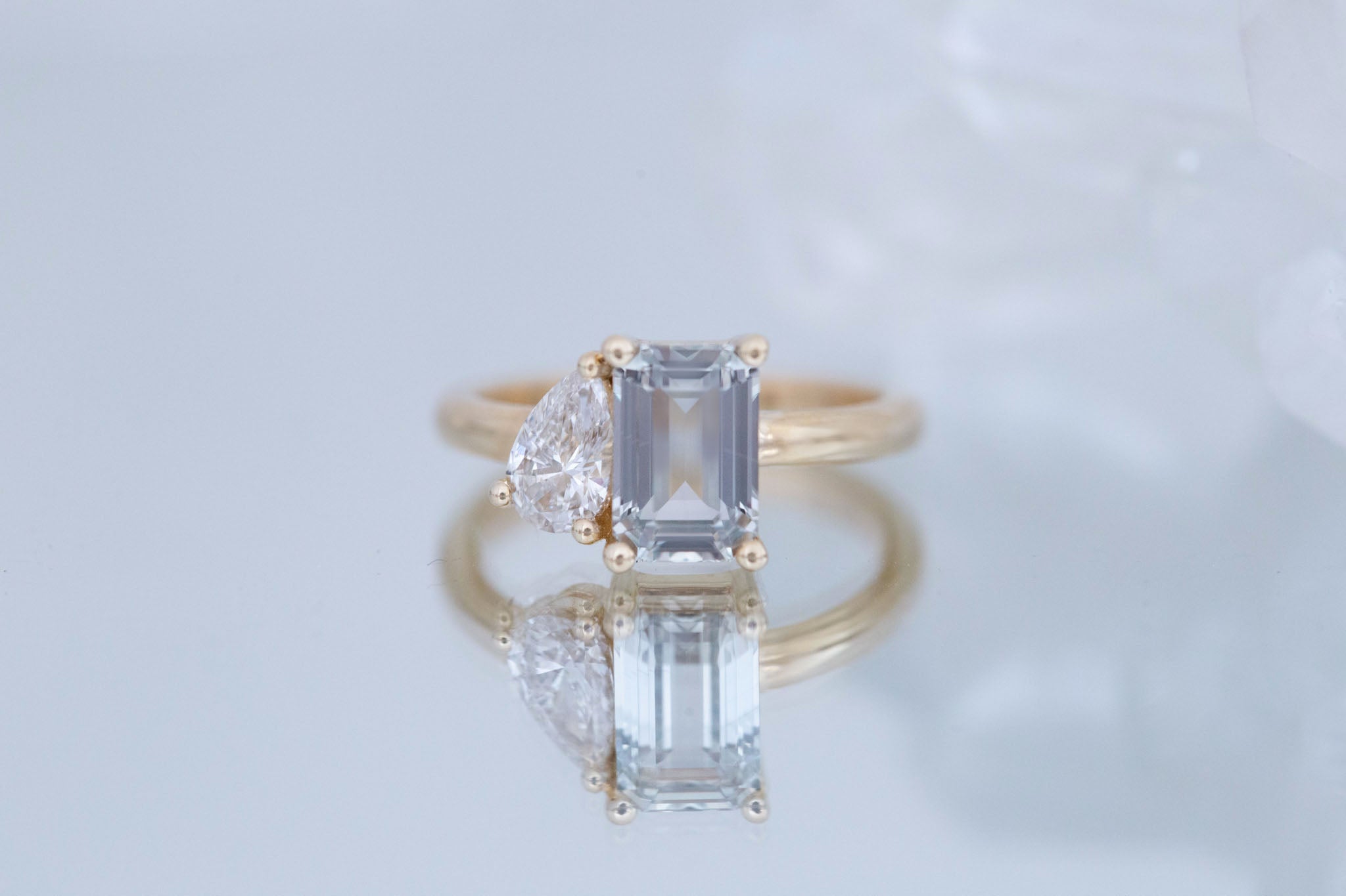 Liana Ring | Grey Green Emerald Cut Sapphire + Pear Cut Diamond Engagement Ring 2.44 ct | 14k Recycled Gold | One of a Kind