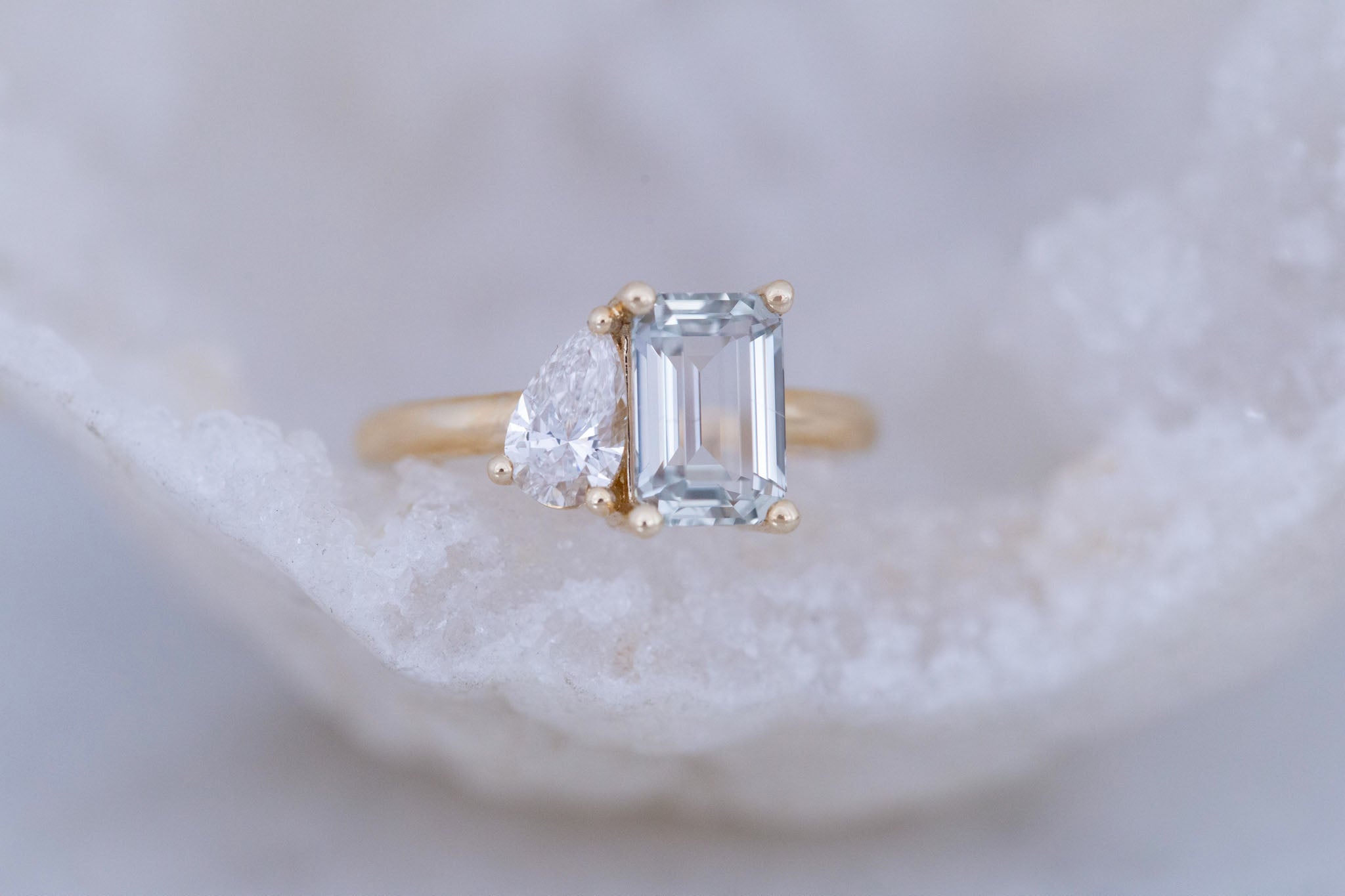Liana Ring | Grey Green Emerald Cut Sapphire + Pear Cut Diamond Engagement Ring 2.44 ct | 14k Recycled Gold | One of a Kind