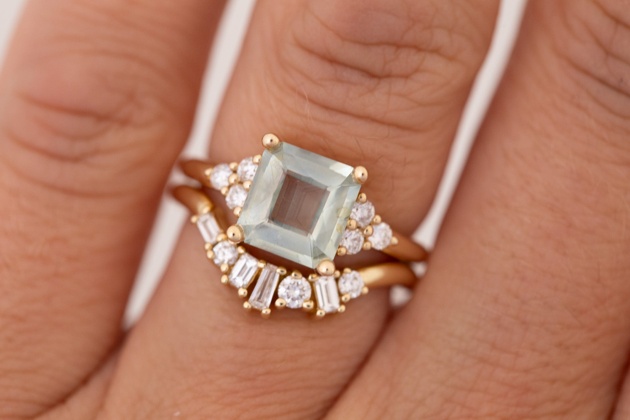 Verona Ring | Mint Asscher Cut Montana Sapphire + Round Diamond Accents Engagement Ring 2.48 ct | 14k Recycled Gold | One of a Kind