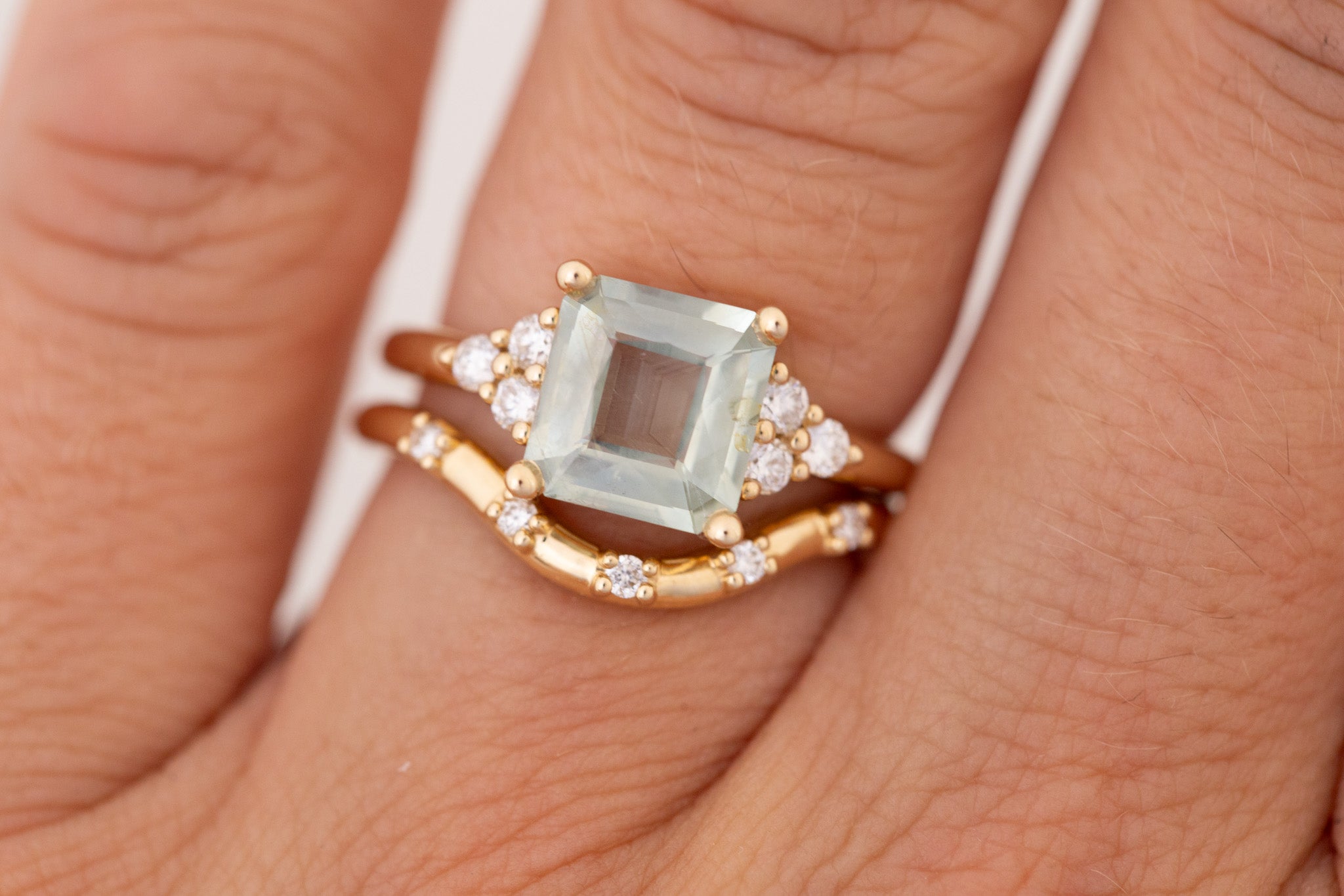 Verona Ring | Mint Asscher Cut Montana Sapphire + Round Diamond Accents Engagement Ring 2.48 ct | 14k Recycled Gold | One of a Kind