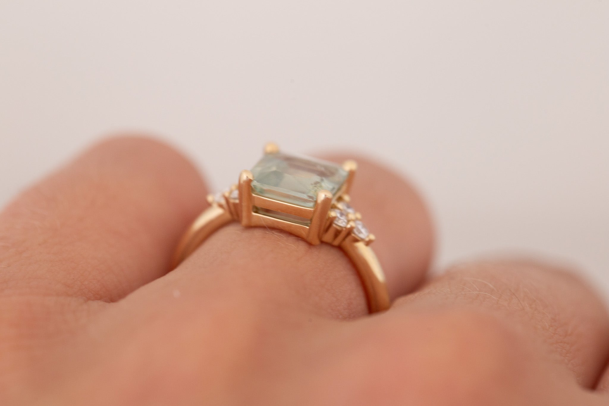 Verona Ring | Mint Asscher Cut Montana Sapphire + Round Diamond Accents Engagement Ring 2.48 ct | 14k Recycled Gold | One of a Kind