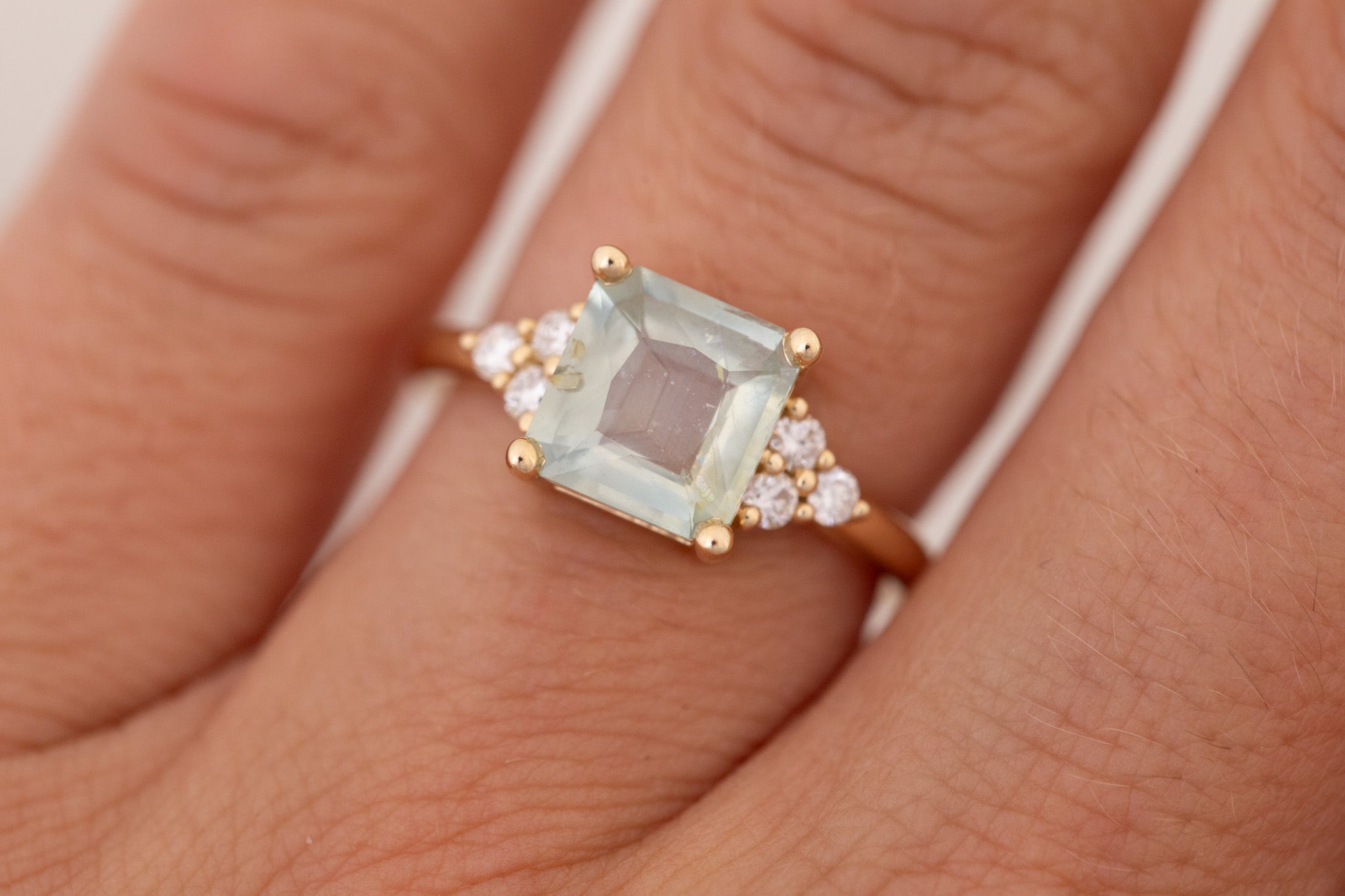 Verona Ring | Mint Asscher Cut Montana Sapphire + Round Diamond Accents Engagement Ring 2.48 ct | 14k Recycled Gold | One of a Kind