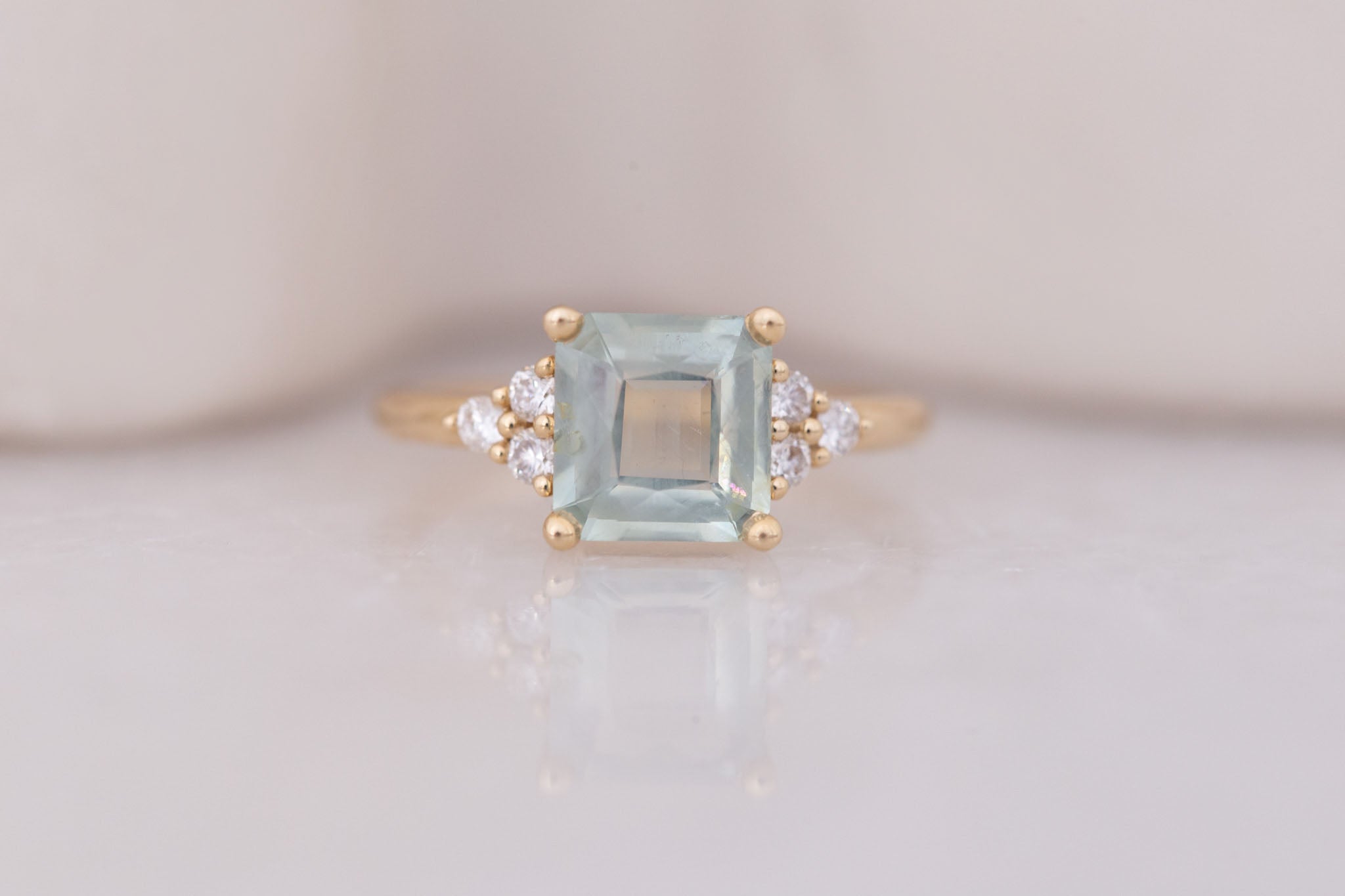Verona Ring | Mint Asscher Cut Montana Sapphire + Round Diamond Accents Engagement Ring 2.48 ct | 14k Recycled Gold | One of a Kind