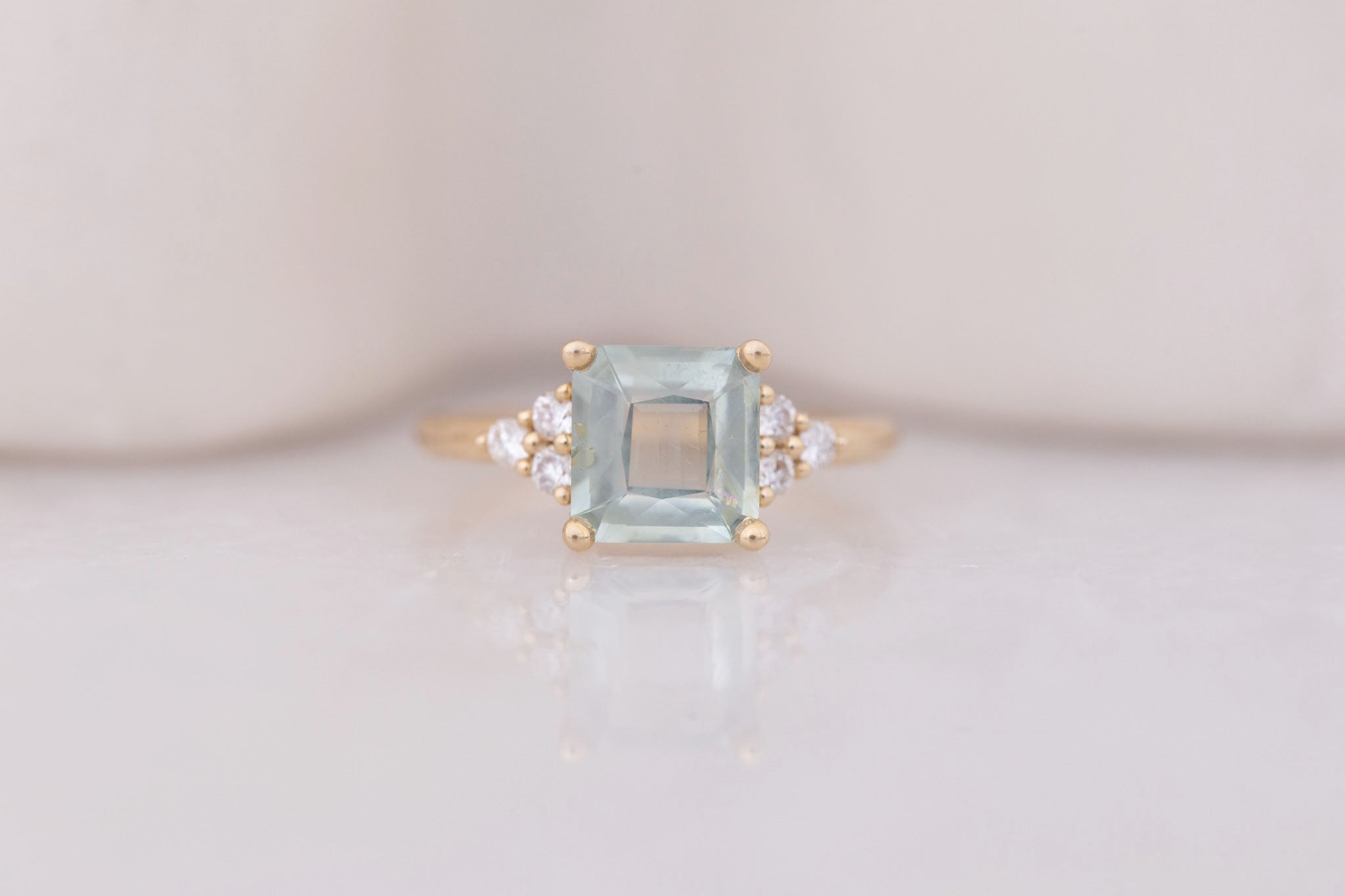 Verona Ring | Mint Asscher Cut Montana Sapphire + Round Diamond Accents Engagement Ring 2.48 ct | 14k Recycled Gold | One of a Kind