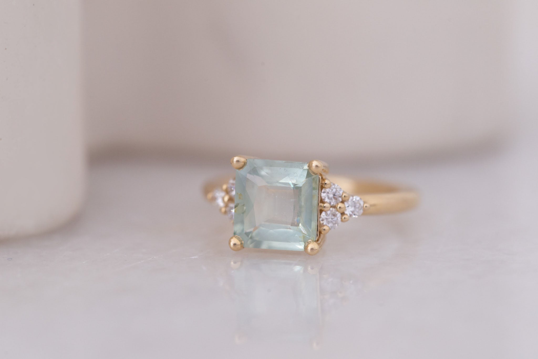 Verona Ring | Mint Asscher Cut Montana Sapphire + Round Diamond Accents Engagement Ring 2.48 ct | 14k Recycled Gold | One of a Kind