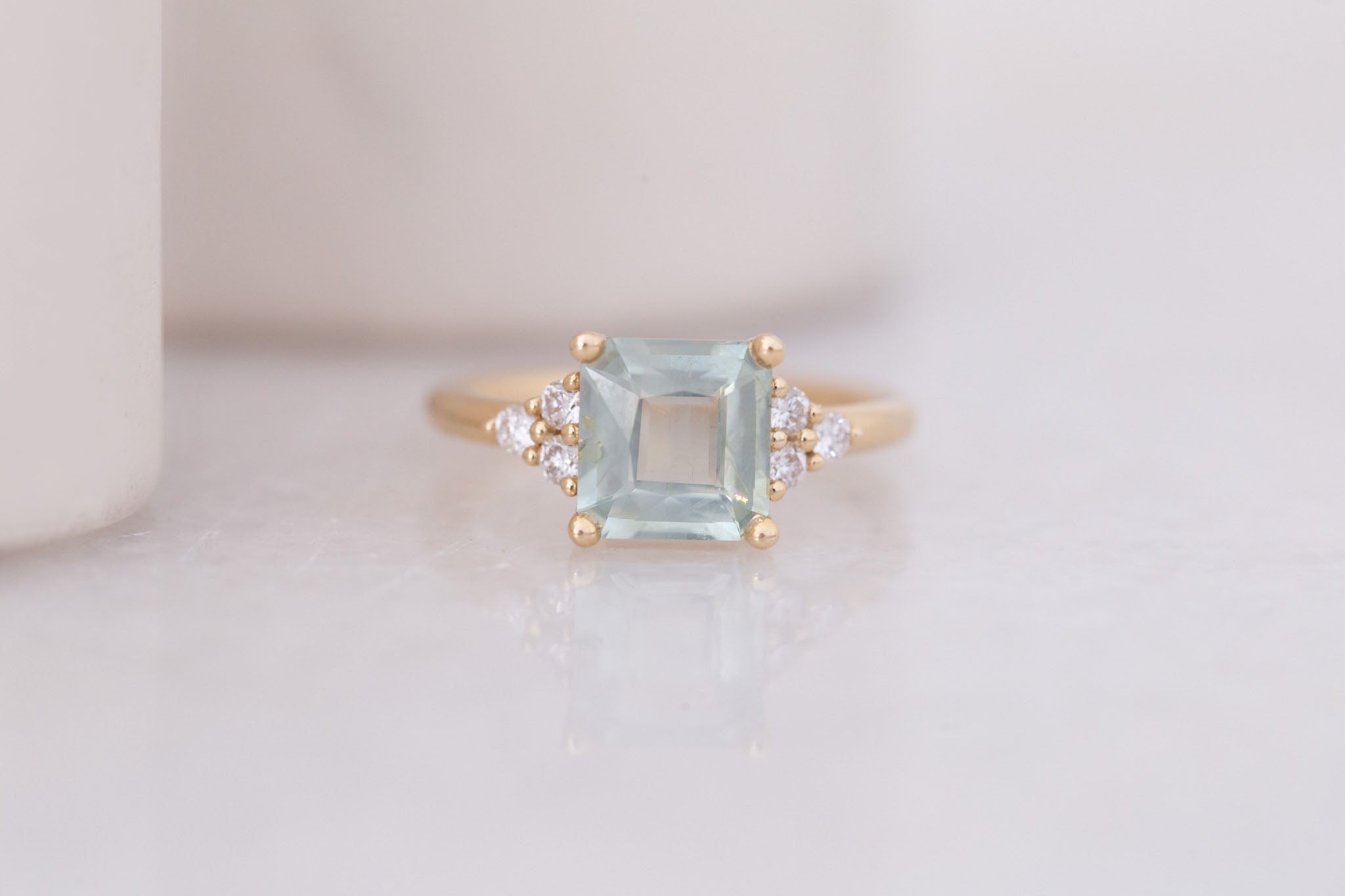 Verona Ring | Mint Asscher Cut Montana Sapphire + Round Diamond Accents Engagement Ring 2.48 ct | 14k Recycled Gold | One of a Kind