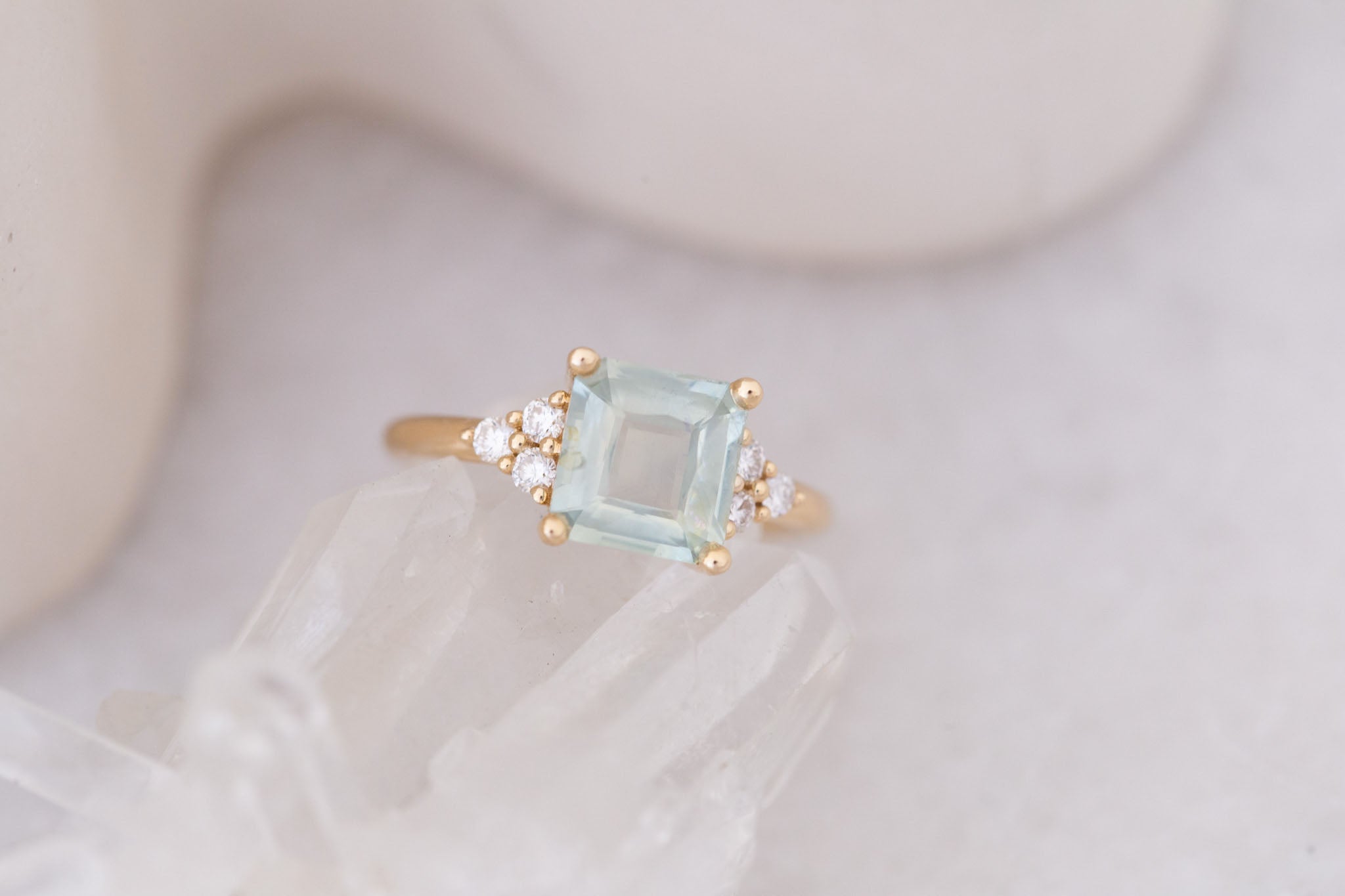 Verona Ring | Mint Asscher Cut Montana Sapphire + Round Diamond Accents Engagement Ring 2.48 ct | 14k Recycled Gold | One of a Kind