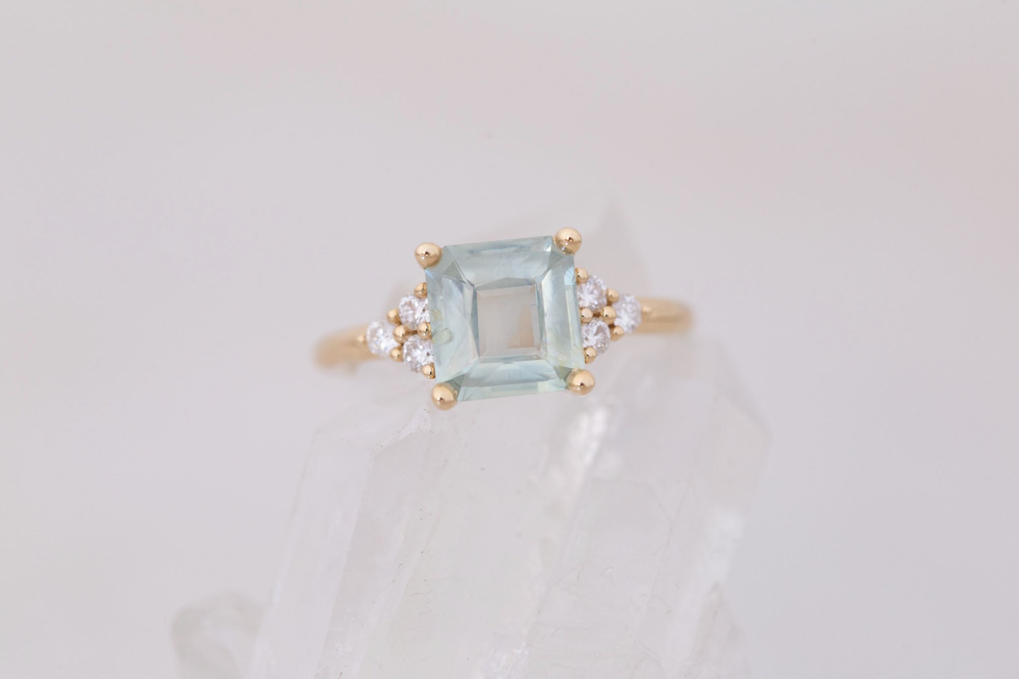 Verona Ring | Mint Asscher Cut Montana Sapphire + Round Diamond Accents Engagement Ring 2.48 ct | 14k Recycled Gold | One of a Kind