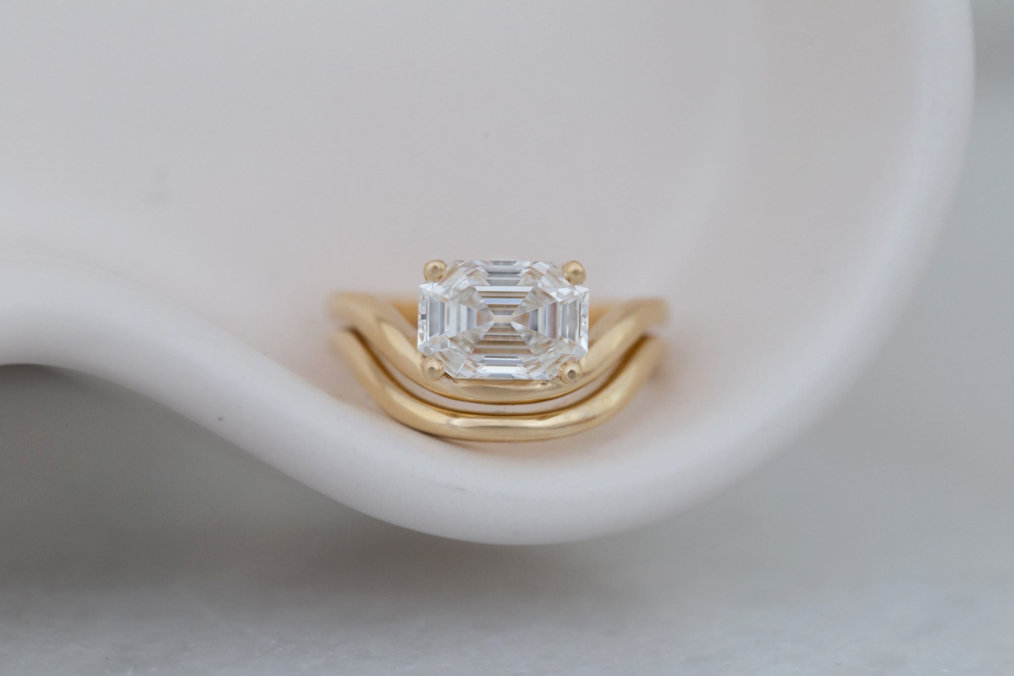 Hayes Ring | Lab Emerald Cut Solitaire + Double Curved Band Engagement Ring 2.51 ct | 14k Recycled Gold | One of a Kind