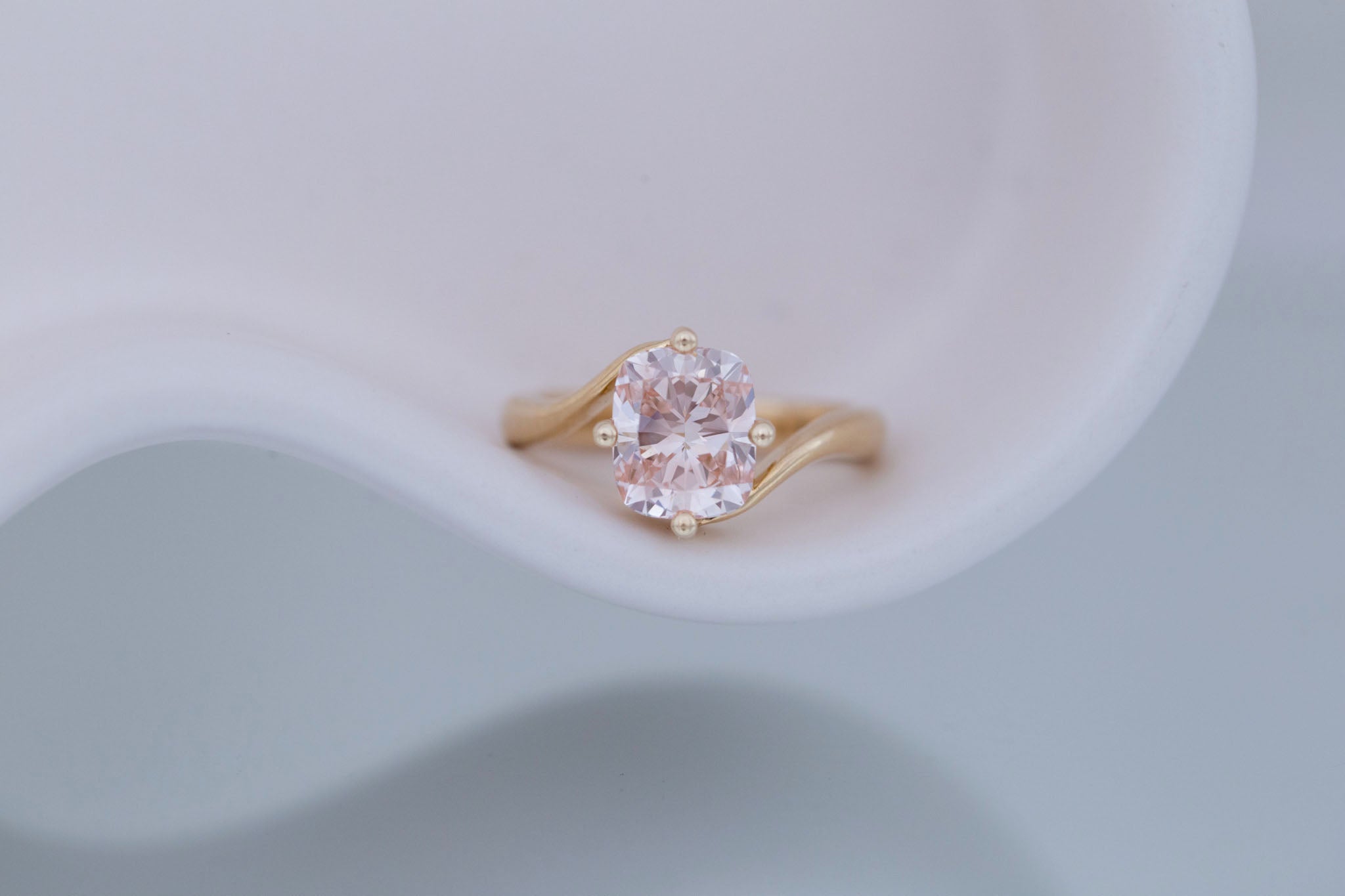 Marin Ring | Lab Pink Diamond Cushion Cut Bypass Engagement Ring 2.52 ct | 14k Recycled Gold | One of a Kind