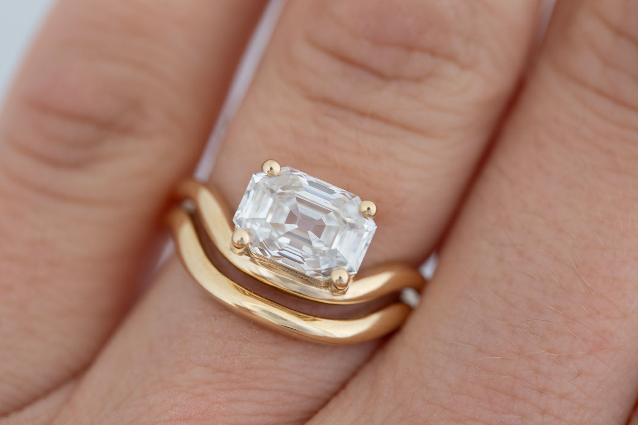 Hayes Ring | Lab Emerald Cut Solitaire + Double Curved Band Engagement Ring 2.59 ct | 14k Recycled Gold | One of a Kind