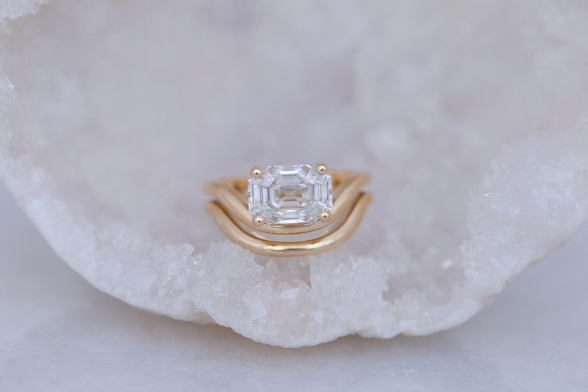 Hayes Ring | Lab Emerald Cut Solitaire + Double Curved Band Engagement Ring 2.59 ct | 14k Recycled Gold | One of a Kind