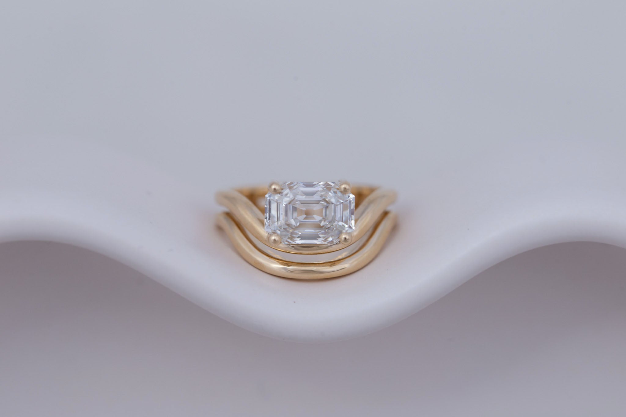 Hayes Ring | Lab Emerald Cut Solitaire + Double Curved Band Engagement Ring 2.59 ct | 14k Recycled Gold | One of a Kind