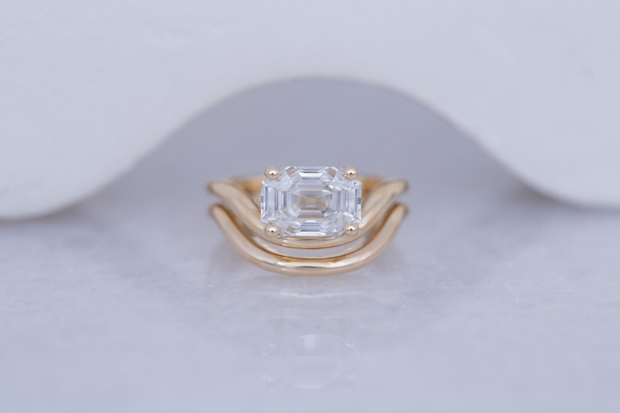 Hayes Ring | Lab Emerald Cut Solitaire + Double Curved Band Engagement Ring 2.59 ct | 14k Recycled Gold | One of a Kind