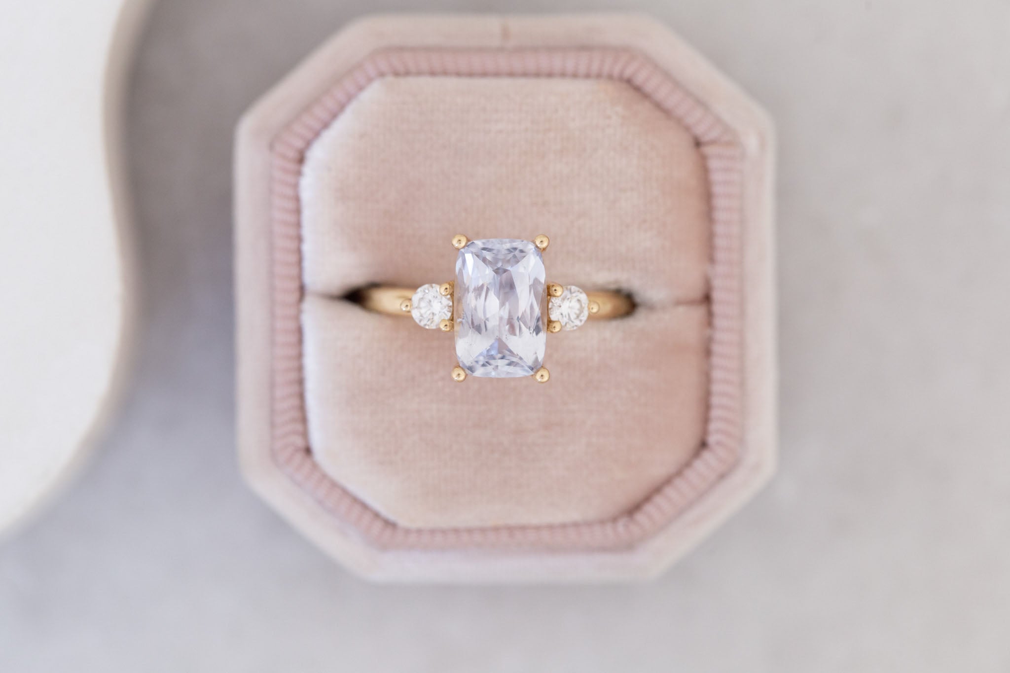 Maeve Ring | Icy Lavender Cushion Sapphire + Round Diamond Accent Engagement Ring 2.61 ct | 14k Recycled Gold | One of a Kind