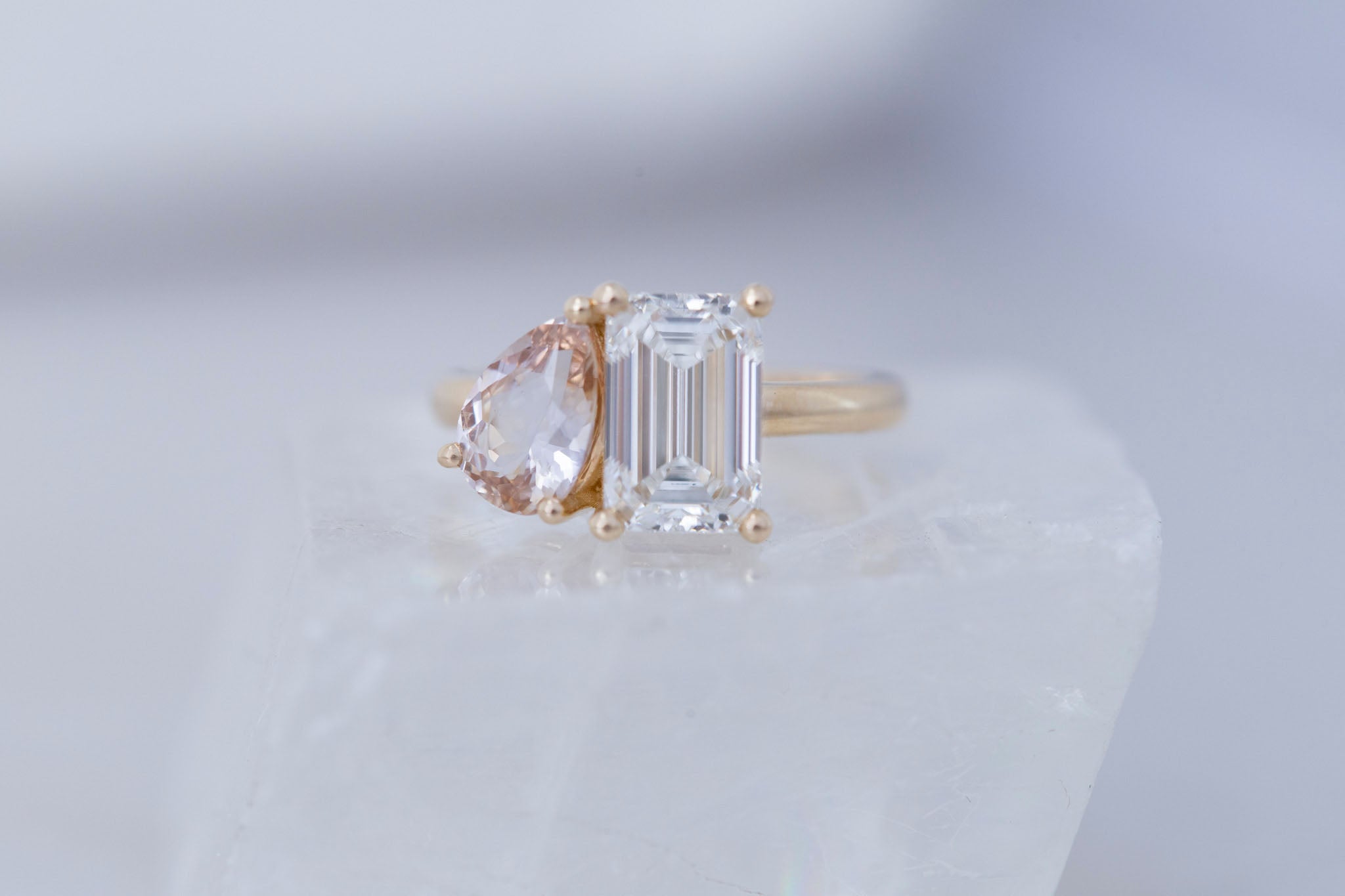 Liana Ring | Lab Emerald Cut Diamond + Pear Cut Peach Sapphire Engagement Ring 2.7 + 1.41 ct | 14k Recycled Gold | One of a Kind
