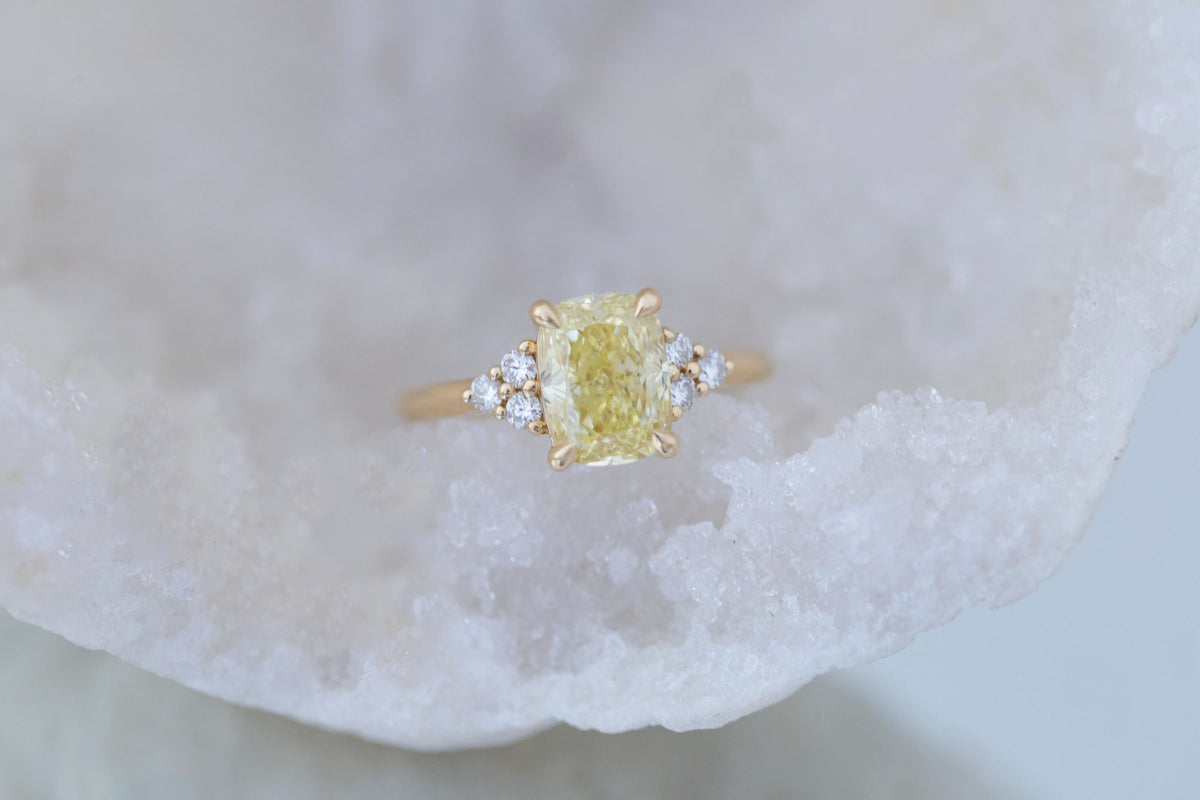 Verona Ring | Lab Yellow Cushion Cut Diamond + Round Diamond Accents Engagement Ring 2.75 ct | 14k Recycled Gold | One of a Kind