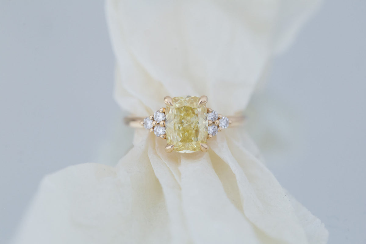 Verona Ring | Lab Yellow Cushion Cut Diamond + Round Diamond Accents Engagement Ring 2.75 ct | 14k Recycled Gold | One of a Kind