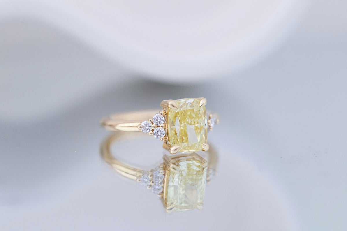 Verona Ring | Lab Yellow Cushion Cut Diamond + Round Diamond Accents Engagement Ring 2.75 ct | 14k Recycled Gold | One of a Kind