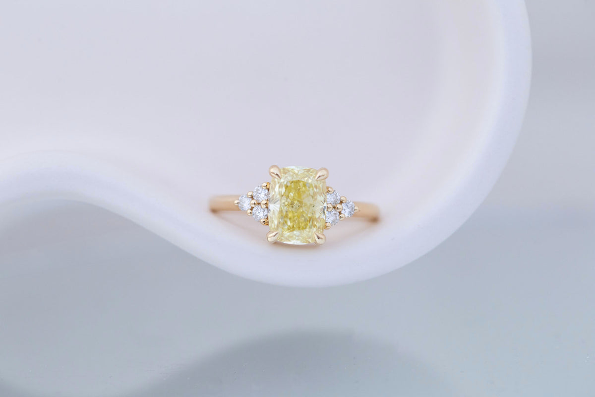 Verona Ring | Lab Yellow Cushion Cut Diamond + Round Diamond Accents Engagement Ring 2.75 ct | 14k Recycled Gold | One of a Kind