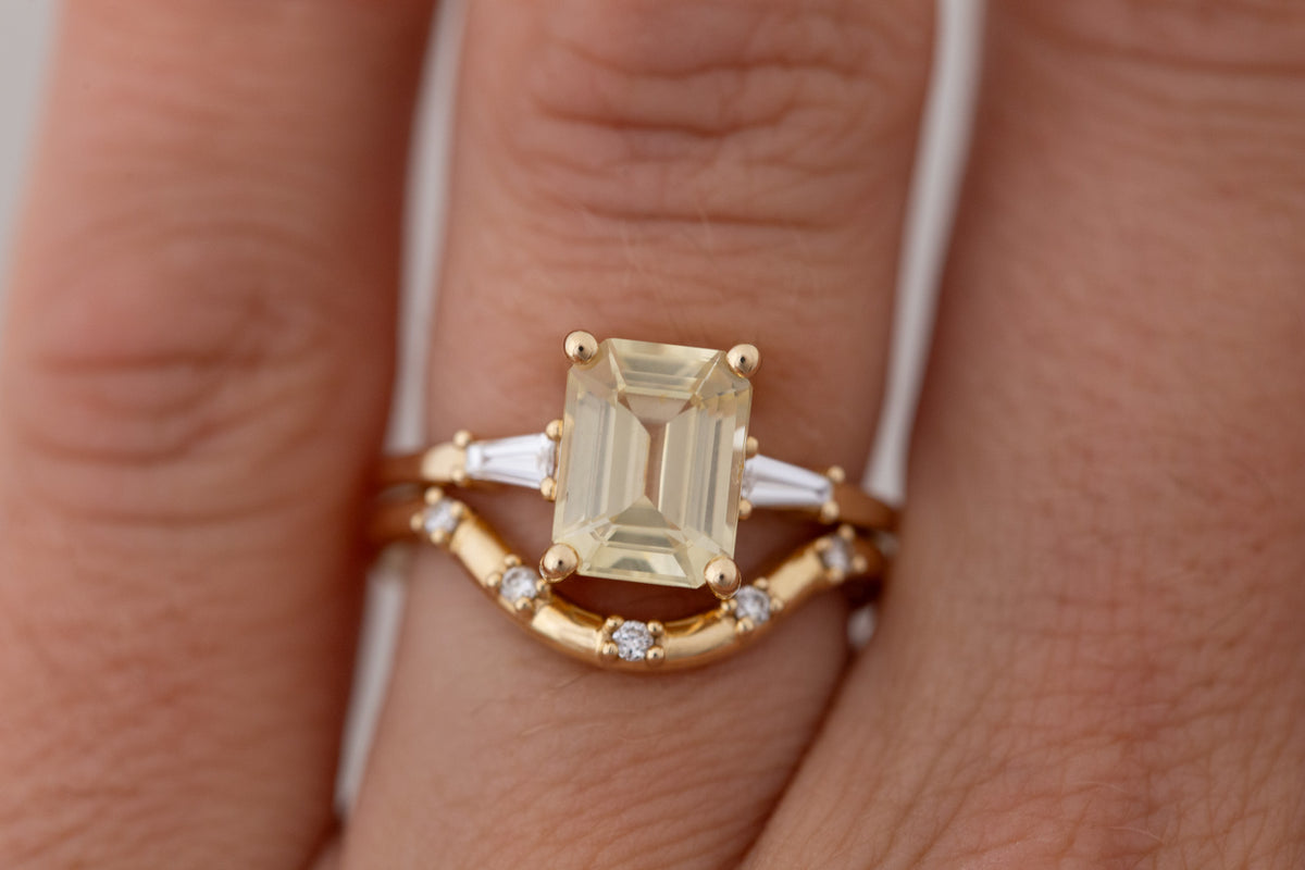 Marlowe Ring | Yellow Emerald Cut Sapphire + Tapered Baguette Engagement Ring 2.79 ct | 14k Recycled Gold | One of a Kind