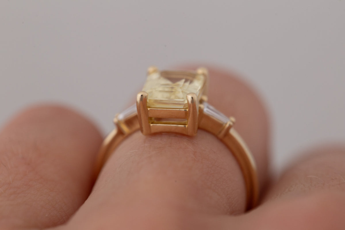 Marlowe Ring | Yellow Emerald Cut Sapphire + Tapered Baguette Engagement Ring 2.79 ct | 14k Recycled Gold | One of a Kind