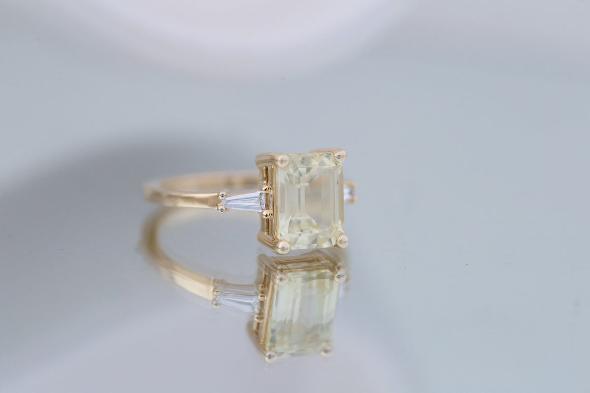 Marlowe Ring | Yellow Emerald Cut Sapphire + Tapered Baguette Engagement Ring 2.79 ct | 14k Recycled Gold | One of a Kind
