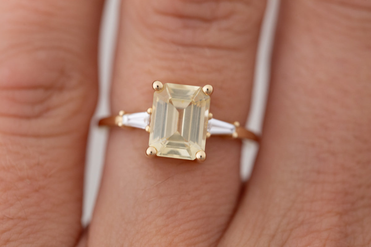 Marlowe Ring | Yellow Emerald Cut Sapphire + Tapered Baguette Engagement Ring 2.79 ct | 14k Recycled Gold | One of a Kind