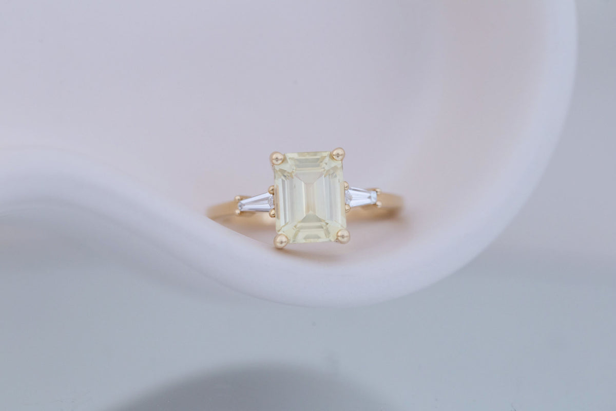 Marlowe Ring | Yellow Emerald Cut Sapphire + Tapered Baguette Engagement Ring 2.79 ct | 14k Recycled Gold | One of a Kind