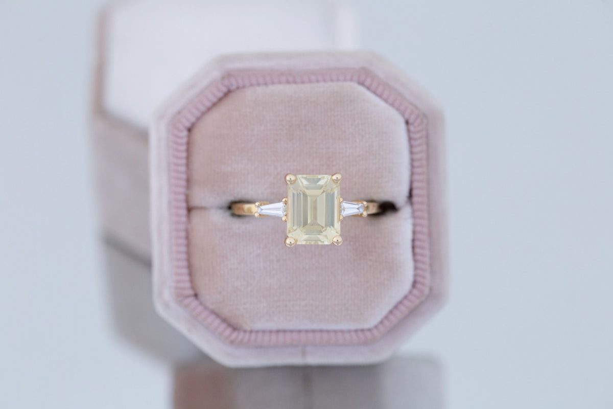 Marlowe Ring | Yellow Emerald Cut Sapphire + Tapered Baguette Engagement Ring 2.79 ct | 14k Recycled Gold | One of a Kind