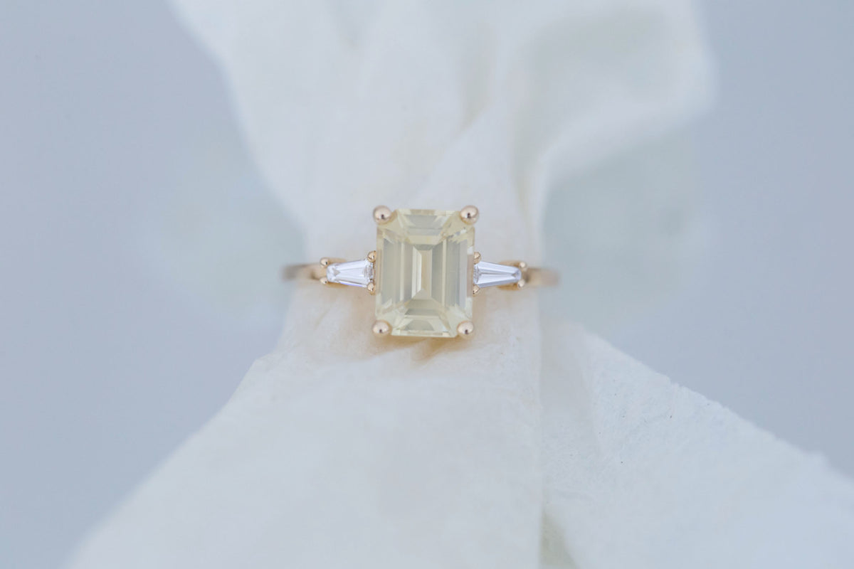 Marlowe Ring | Yellow Emerald Cut Sapphire + Tapered Baguette Engagement Ring 2.79 ct | 14k Recycled Gold | One of a Kind