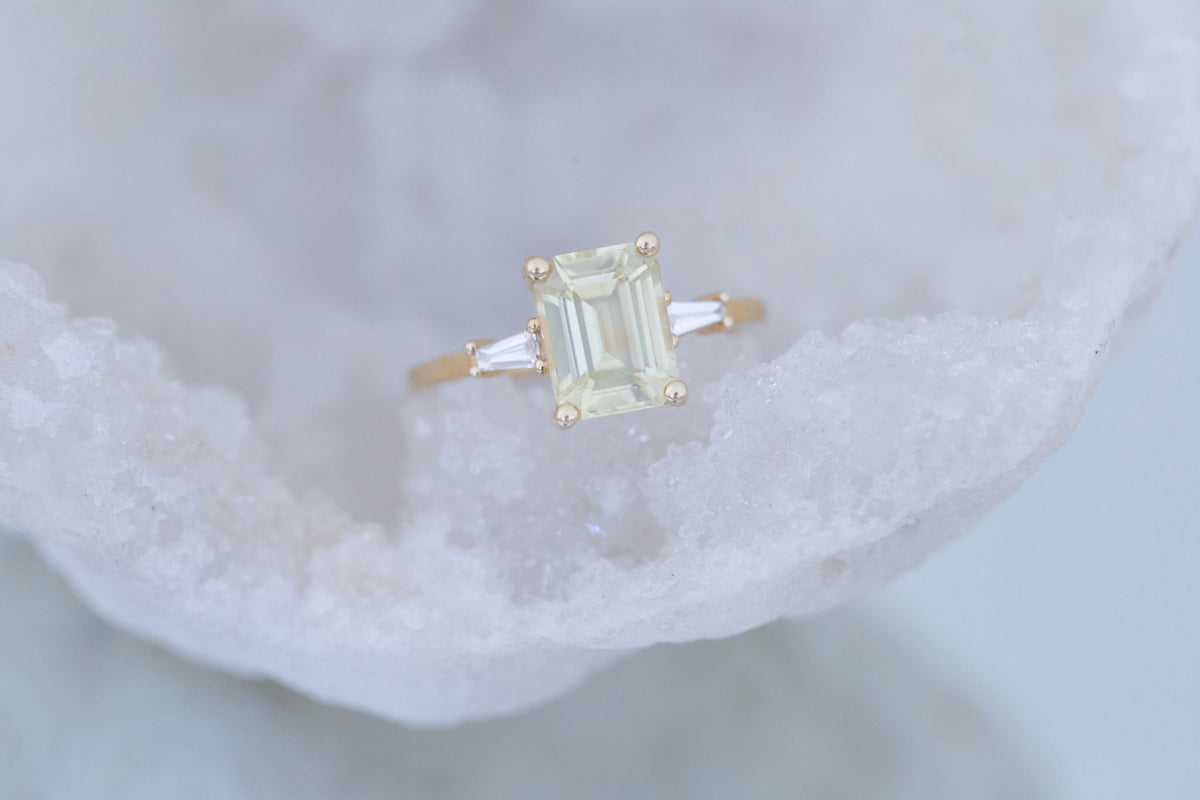 Marlowe Ring | Yellow Emerald Cut Sapphire + Tapered Baguette Engagement Ring 2.79 ct | 14k Recycled Gold | One of a Kind
