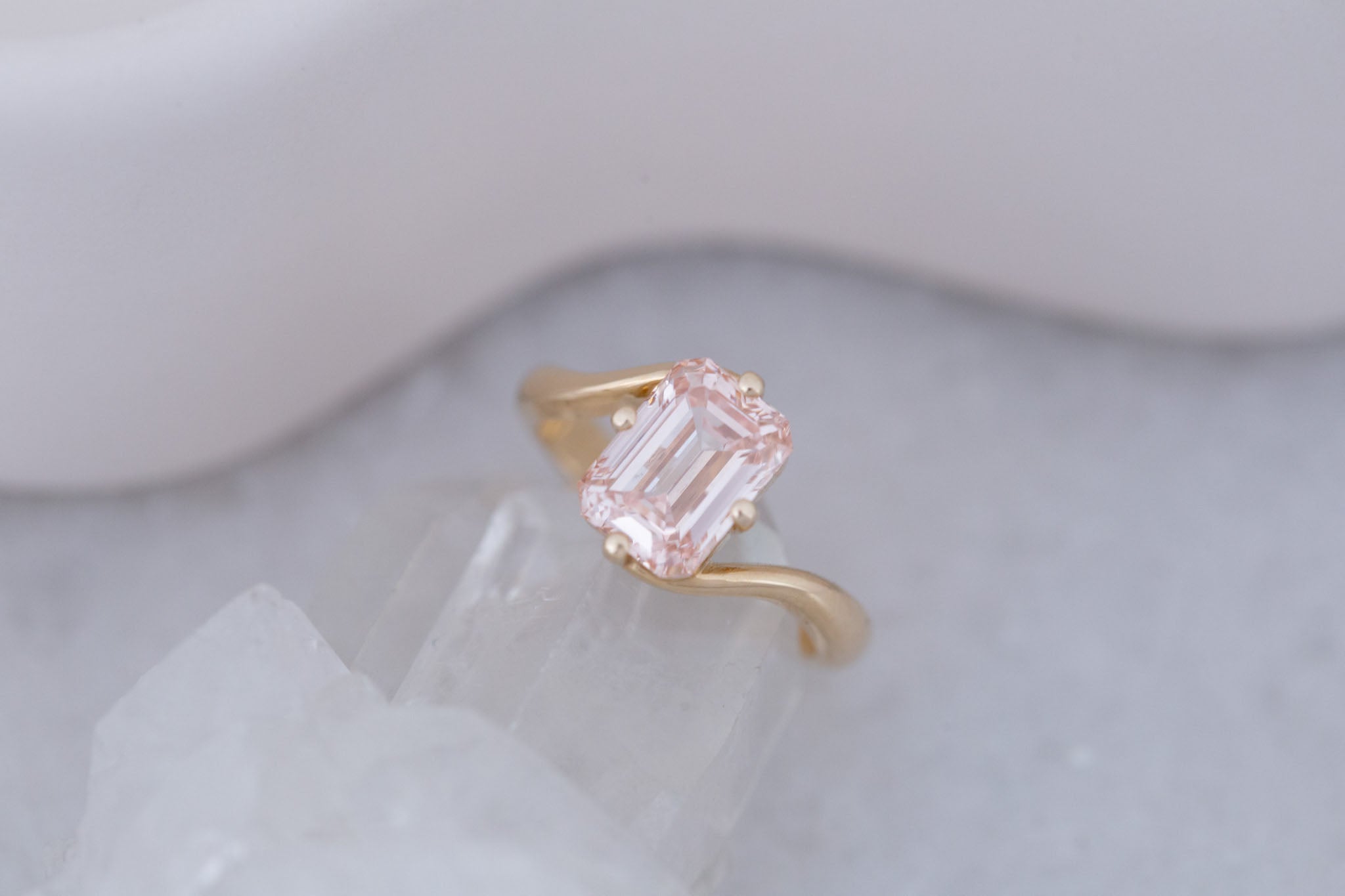 Marin Ring | Lab Pink Diamond Emerald Cut Bypass Engagement Ring 2.81 ct | 14k Recycled Gold | One of a Kind