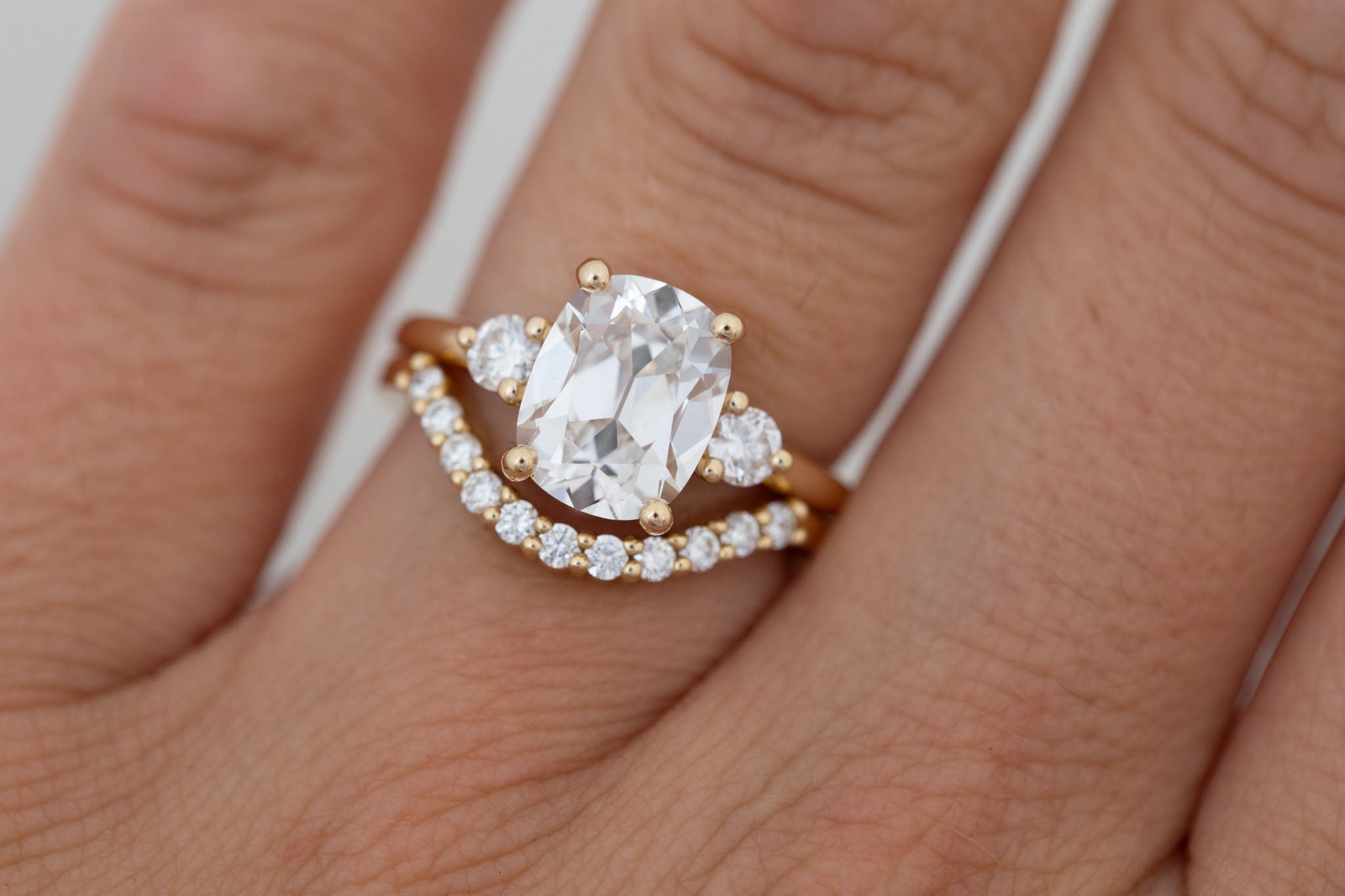Maeve Ring | Lab Antique Cushion Cut Diamond + Round Lab Diamond Accent Engagement Ring 2.85 ct | 14k Recycled Gold | One of a Kind