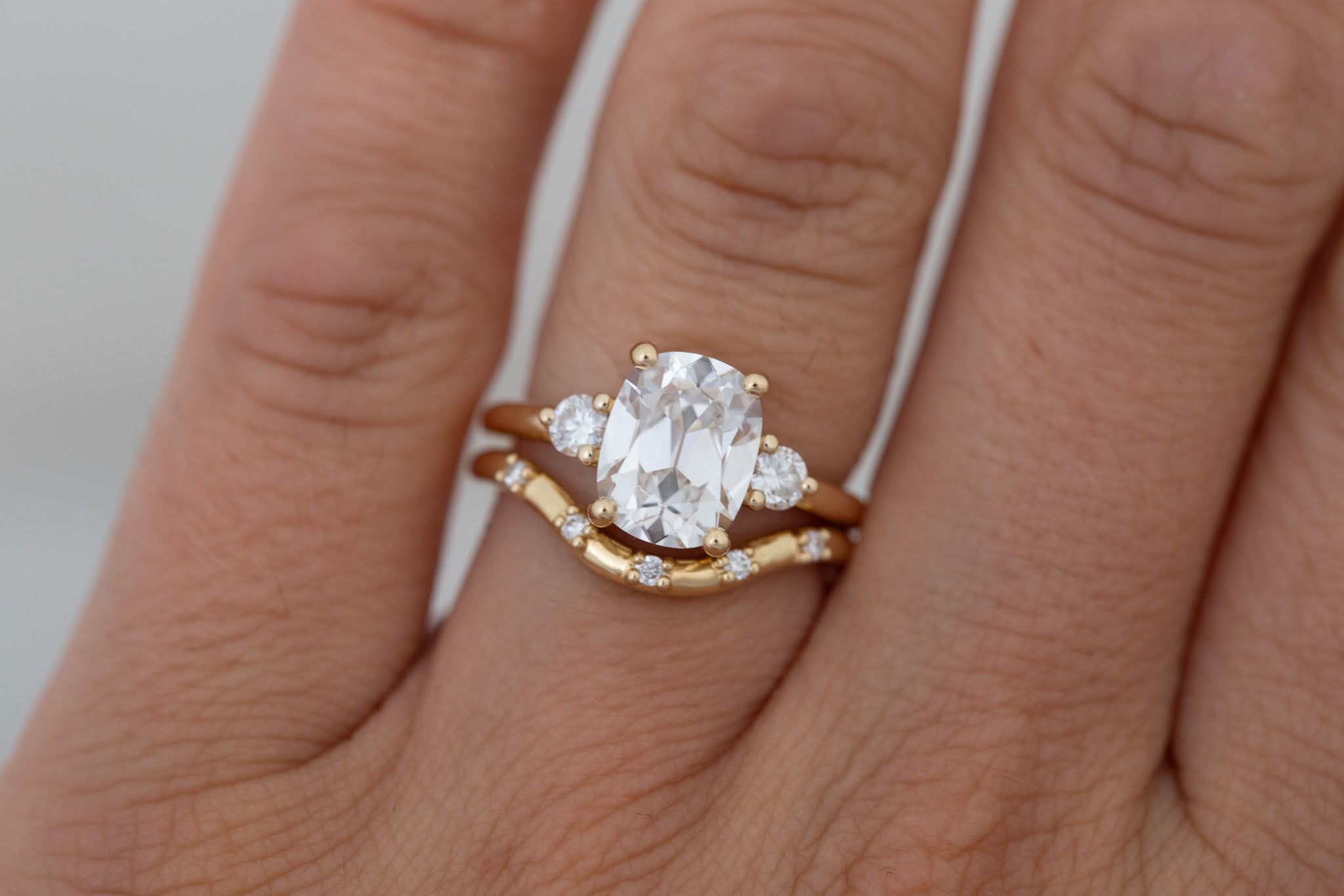 Maeve Ring | Lab Antique Cushion Cut Diamond + Round Lab Diamond Accent Engagement Ring 2.85 ct | 14k Recycled Gold | One of a Kind